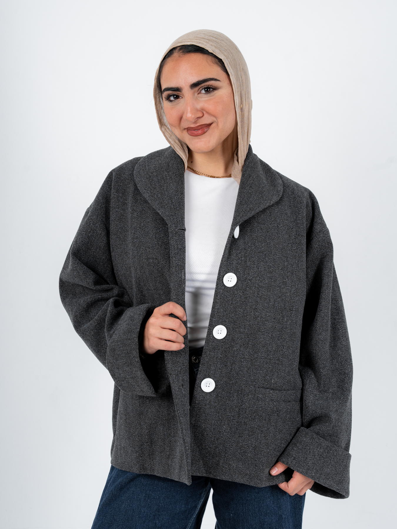 THT GIRL Tokyo oversized grey fashion jacket displayed on a hanger with a casual fit and soft fabric texture.