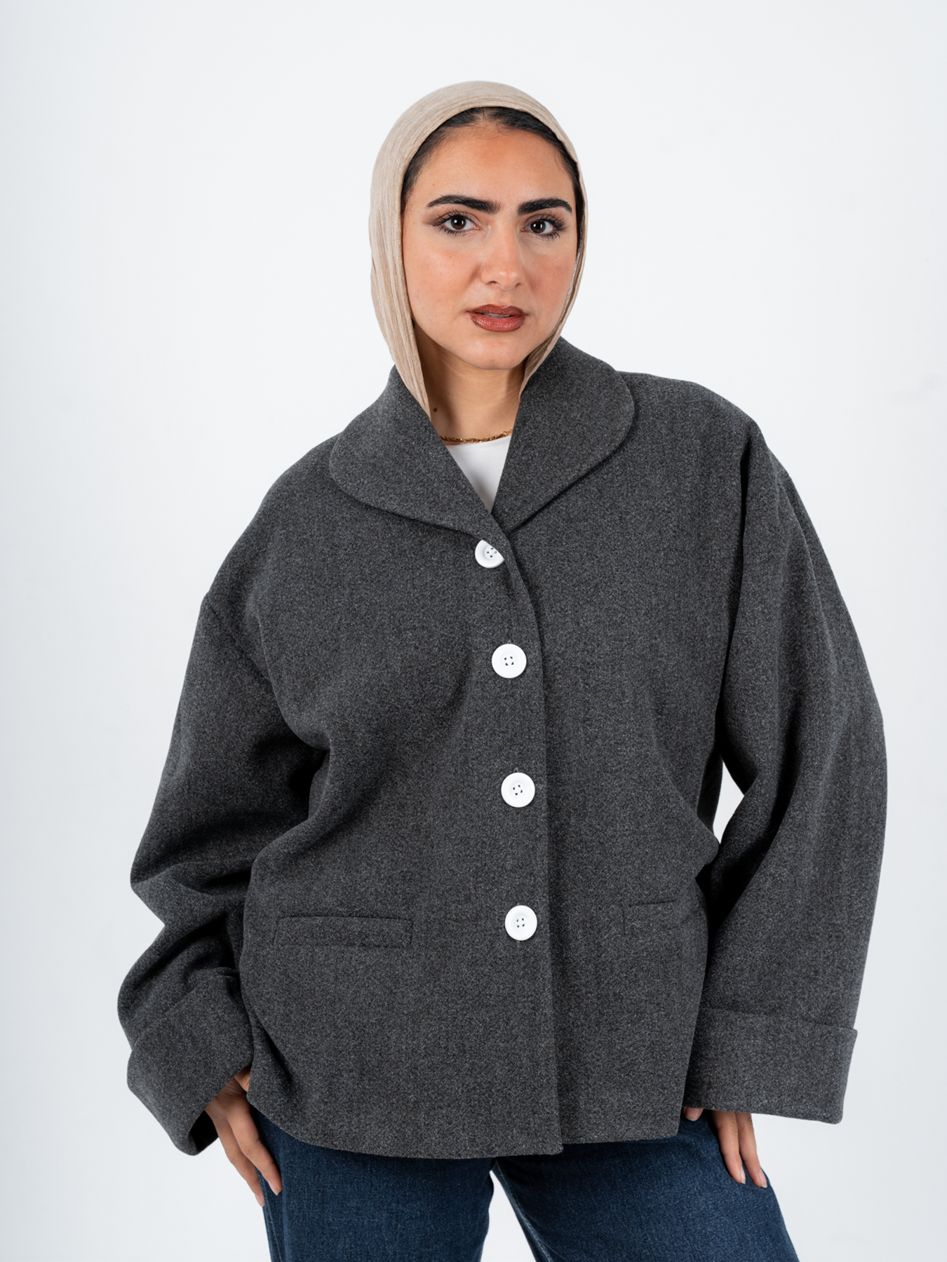 Grey TOKYO Oversized Jacket by THT GIRL, featuring a relaxed fit and stylish design, displayed on a neutral background.