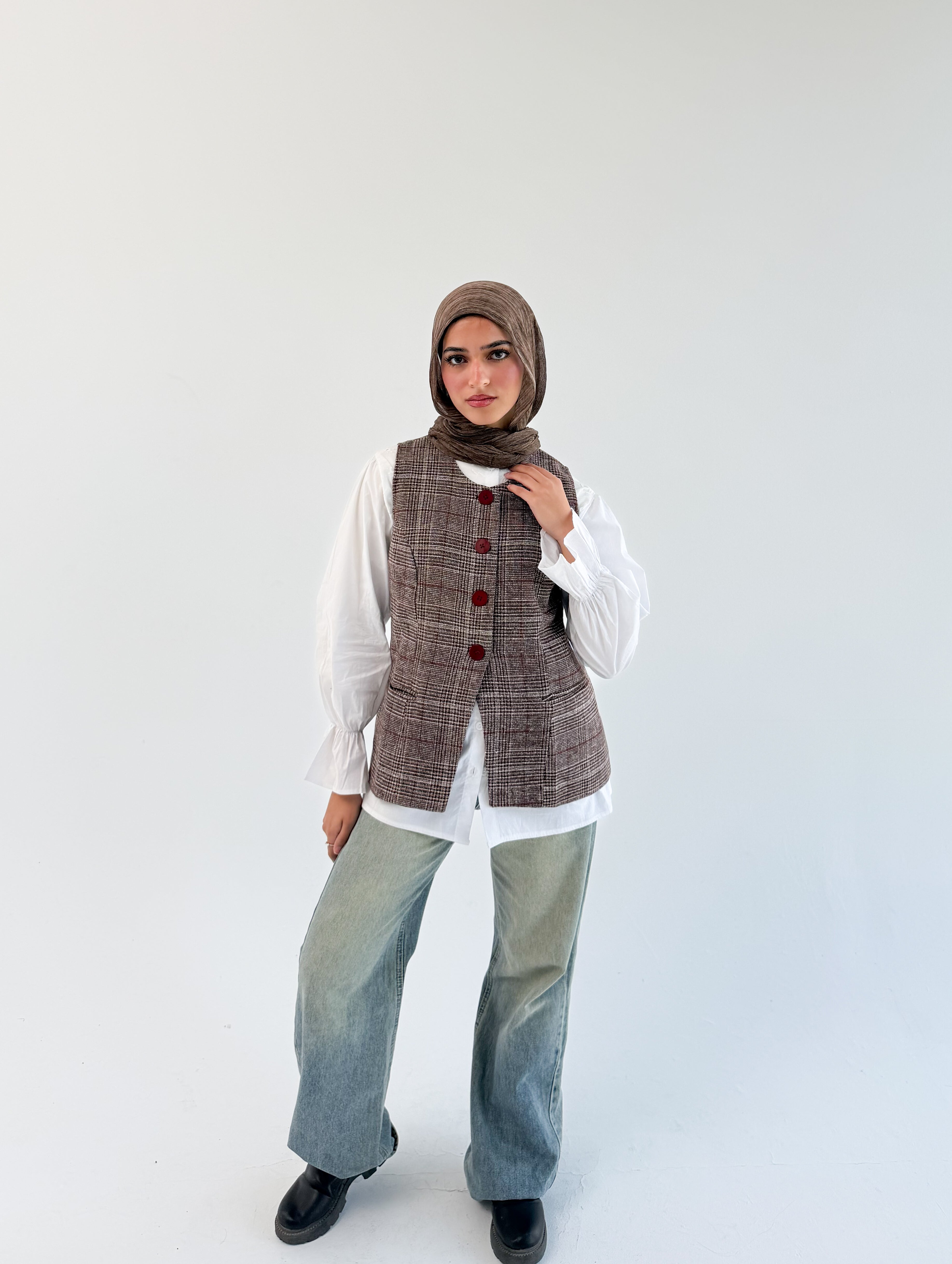 THT GIRL London Vest Burgundy check pattern, sleeveless fashion vest with classic plaid design, front button closure, and collar detail.