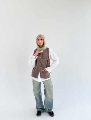 THT GIRL London Vest coffee-colored casual vest with button details, displayed on a hanger.