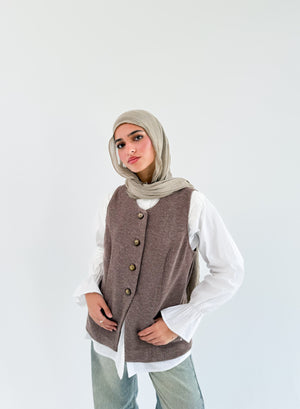 THT GIRL London Vest coffee-colored fabric with front zipper and collar, displayed on a hanger.