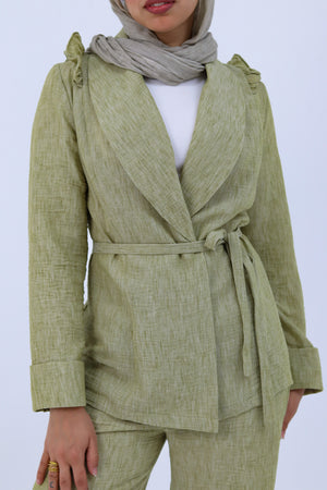 THT GIRL Roe Suit in olive green, stylish fashion ensemble featuring a fitted blazer and matching trousers.