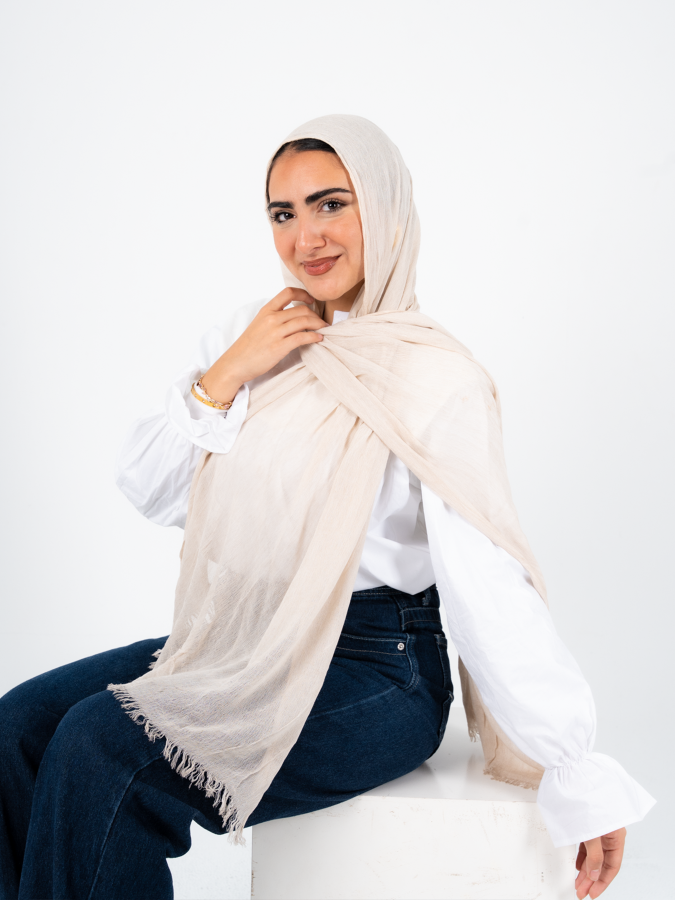 THT GIRL Ready To Go hijab in sugar white, soft and lightweight fabric, styled around the head with a smooth, clean finish.