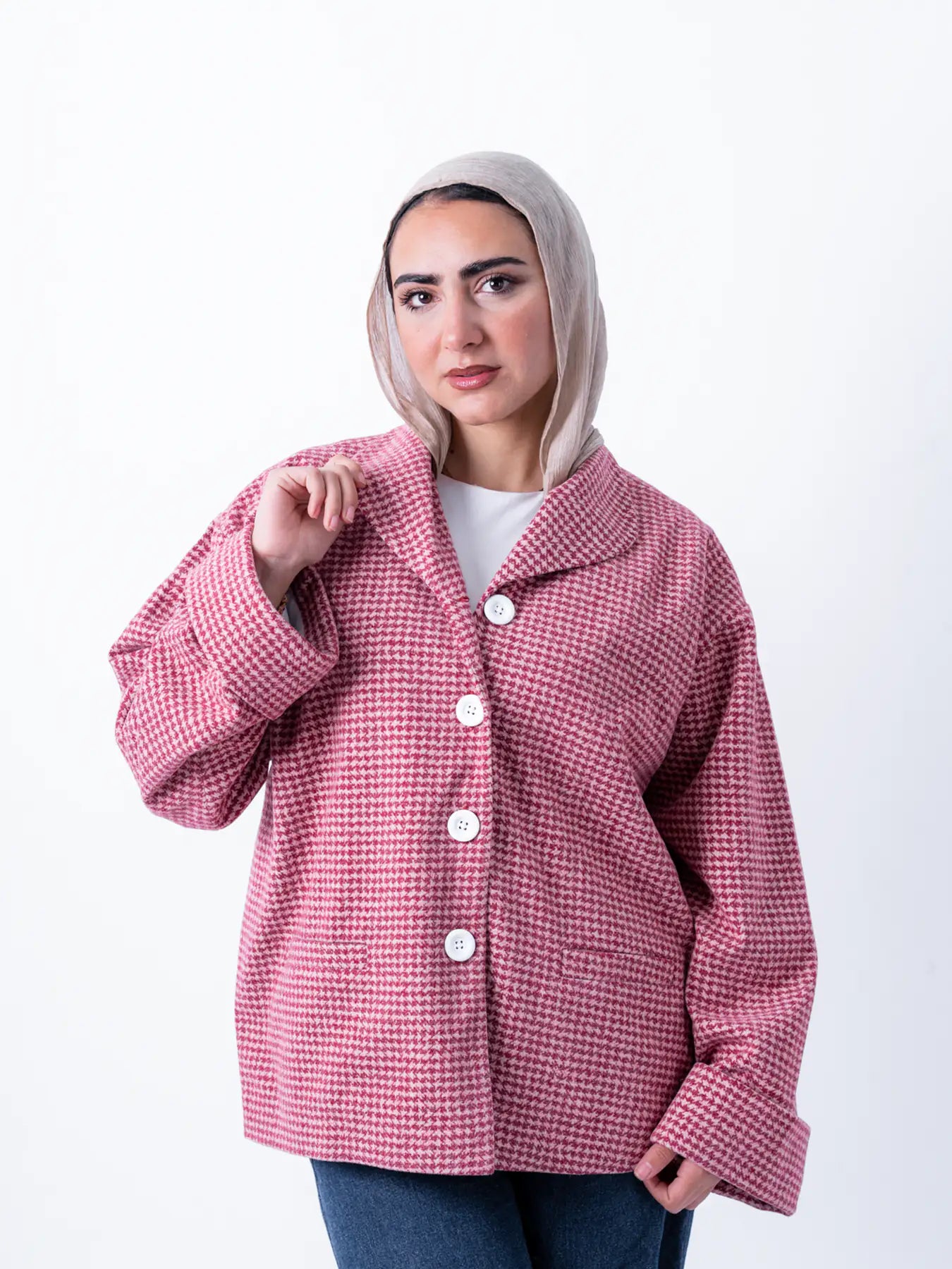 Pink TOKYO Oversized Jacket from THT GIRL, shown in a fashion image, featuring a loose fit and stylish design.