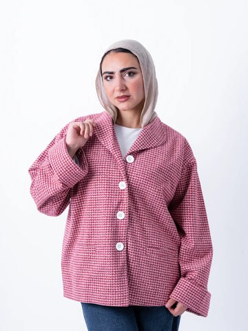Pink TOKYO Oversized Jacket from THT GIRL, shown in a fashion image, featuring a loose fit and stylish design.
