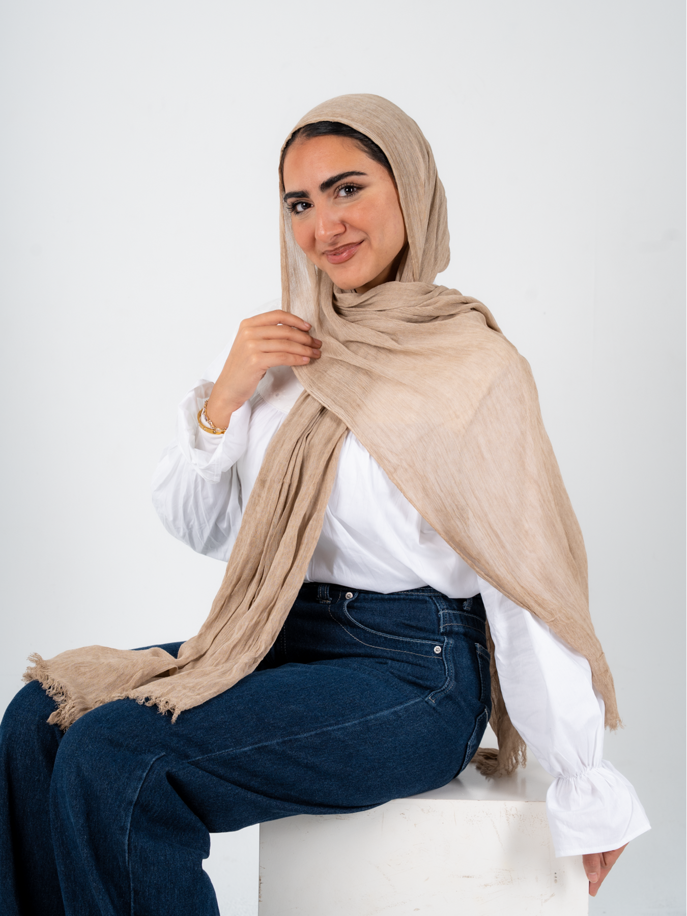 THT GIRL Ready To Go hijab in Latte color, lightweight and comfortable, draped neatly on a flat surface.