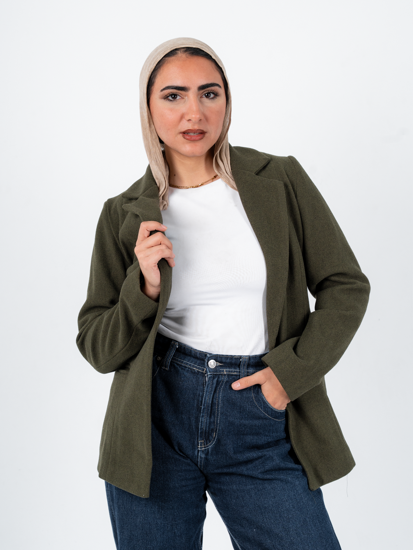 Olive wool jacket by THT GIRL featuring a stylish, cozy design perfect for fall and winter fashion.