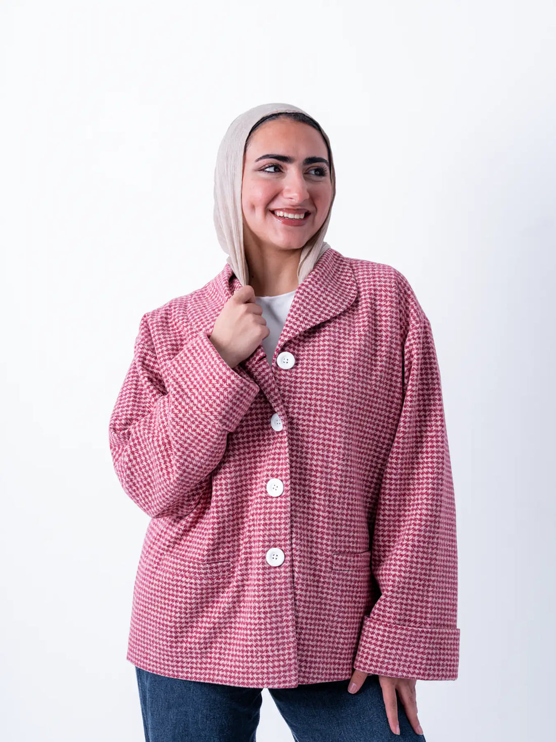 Pink TOKYO Oversized Jacket from THT GIRL, shown in a fashion image, featuring a loose fit and stylish design.