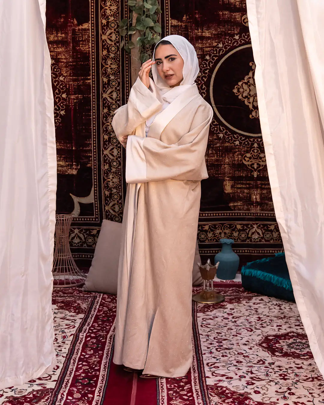 Beige Samaa Kaftan by THT GIRL featuring flowing fabric and intricate patterns, perfect for elegant fashion styling.