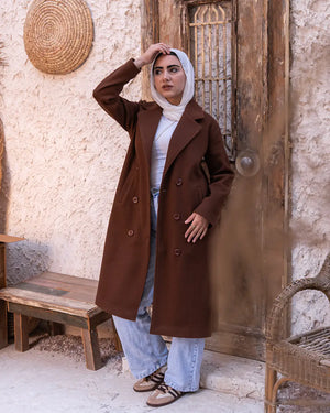 THT GIRL Milano Brown Jacket, stylish fashion outerwear with a sleek design, shown on a model in the image.