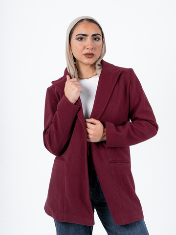 THT GIRL burgundy wool jacket, stylish fashion outerwear with a cozy fit and classic design, shown on a model.
