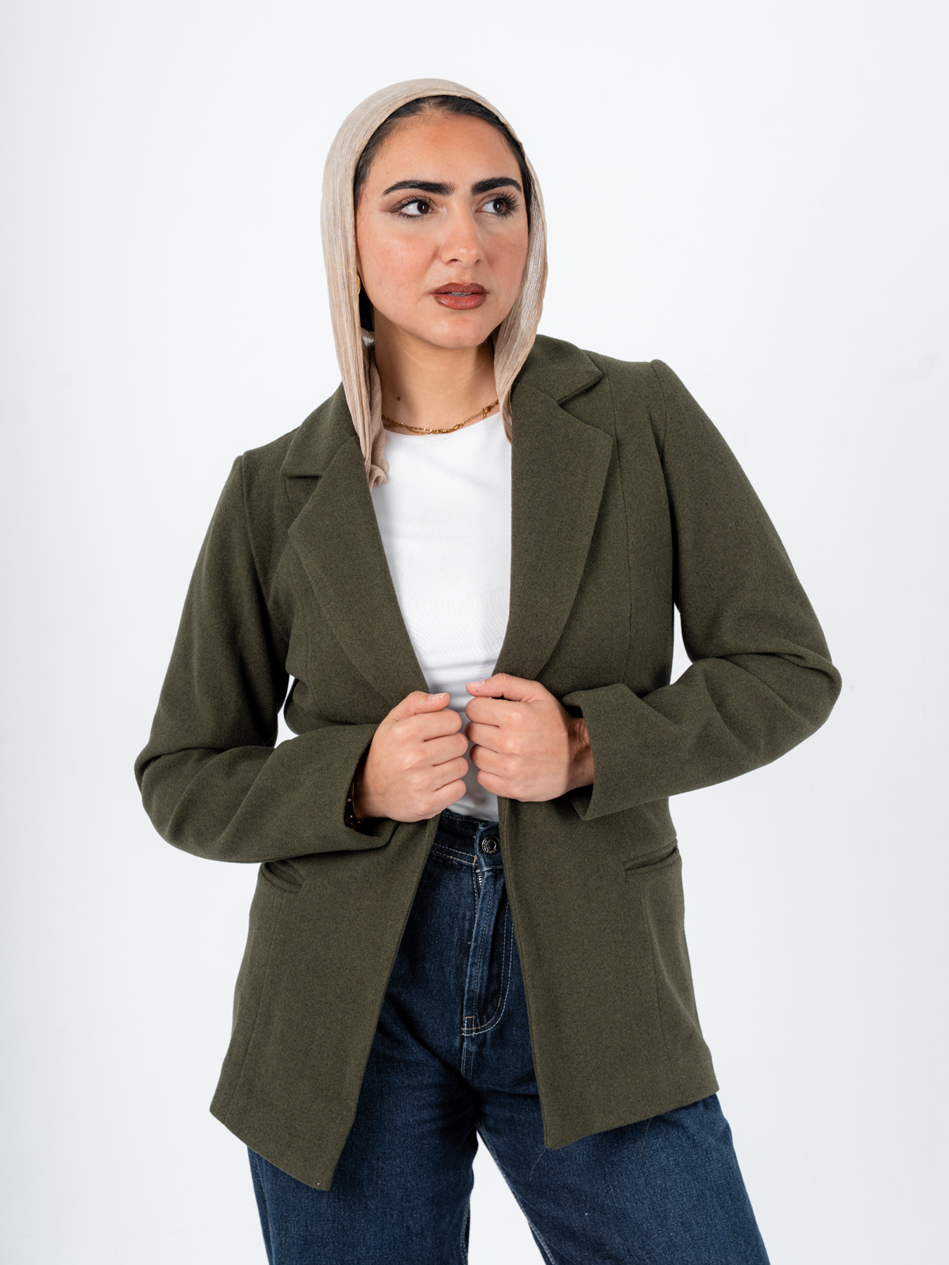 Olive wool jacket by THT GIRL, stylish fashion outerwear with a cozy, textured fabric and classic design.