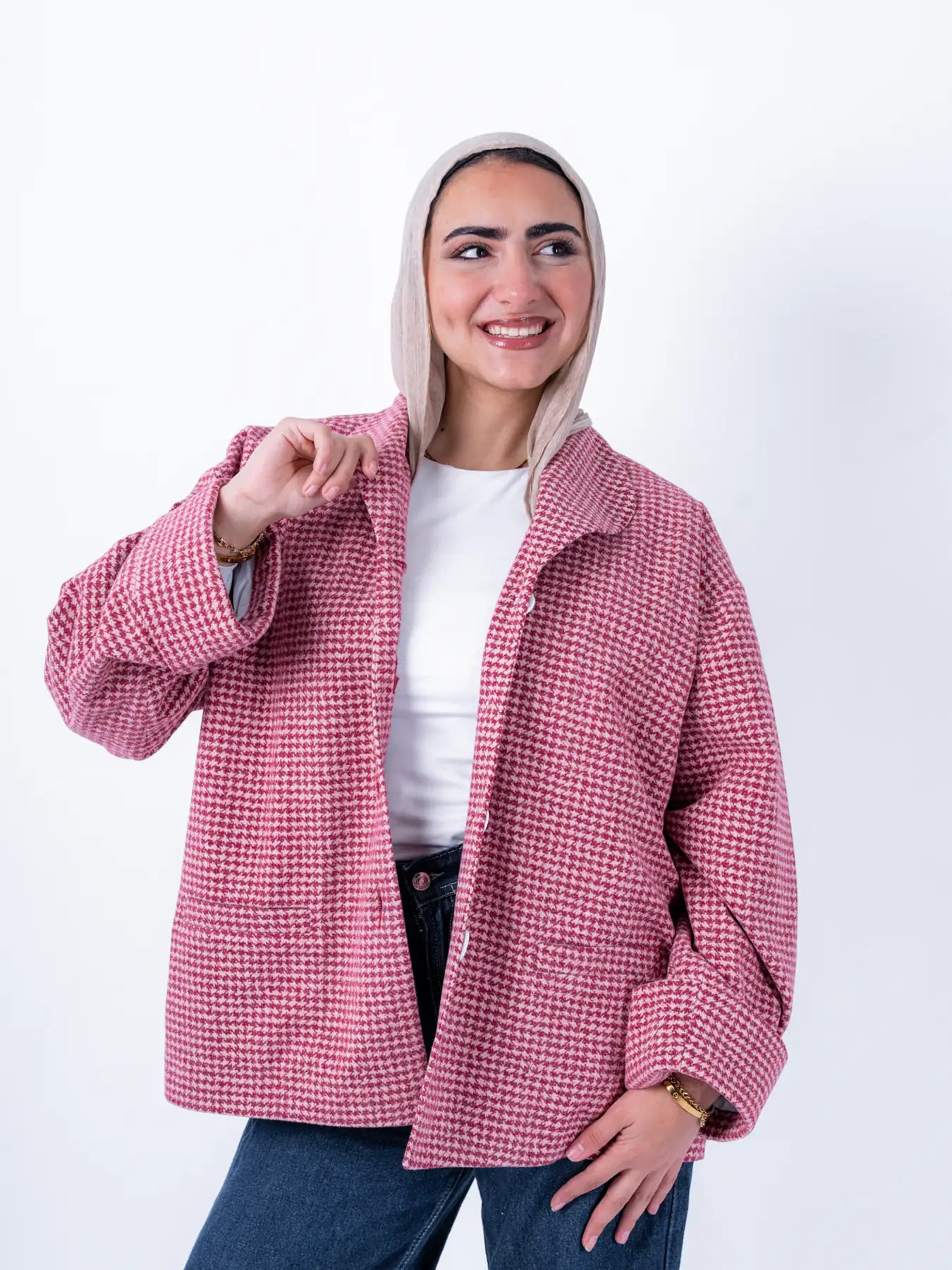 Pink TOKYO Oversized Jacket by THT GIRL displayed on a model, showcasing its fashionable oversized fit and vibrant color.