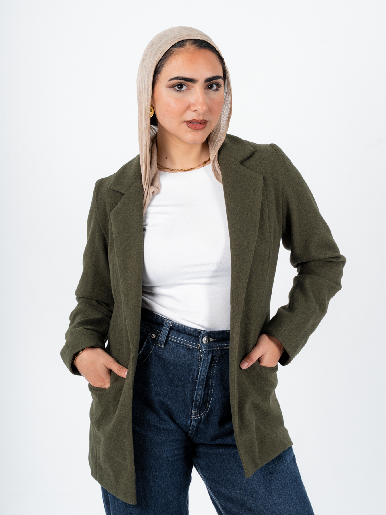 Olive wool jacket by THT GIRL, stylish fashion outerwear with a cozy fit and textured fabric, displayed on a neutral background.