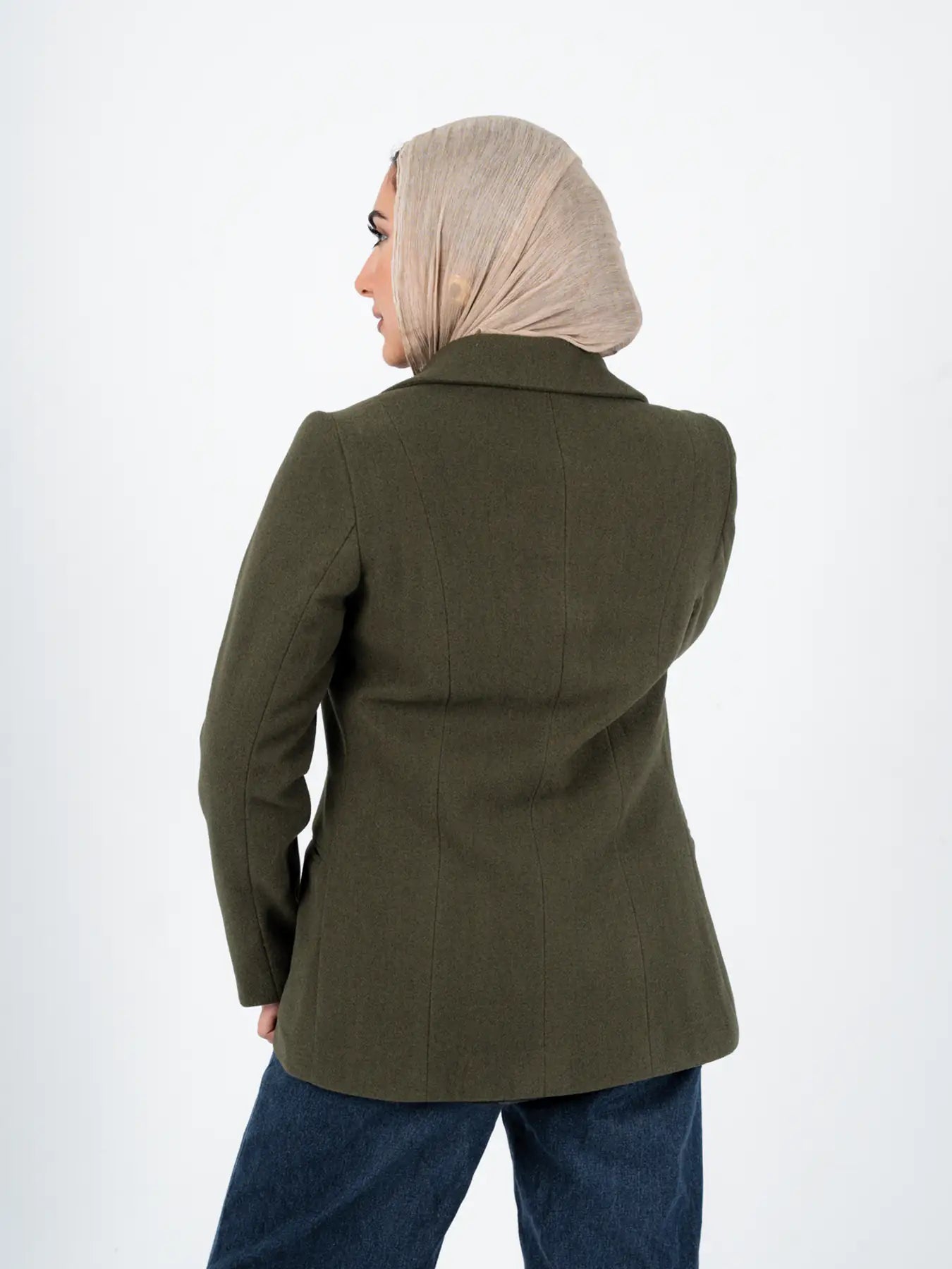 Olive wool jacket from THT GIRL featuring a stylish design, cozy fit, and classic collar, perfect for fall and winter fashion.