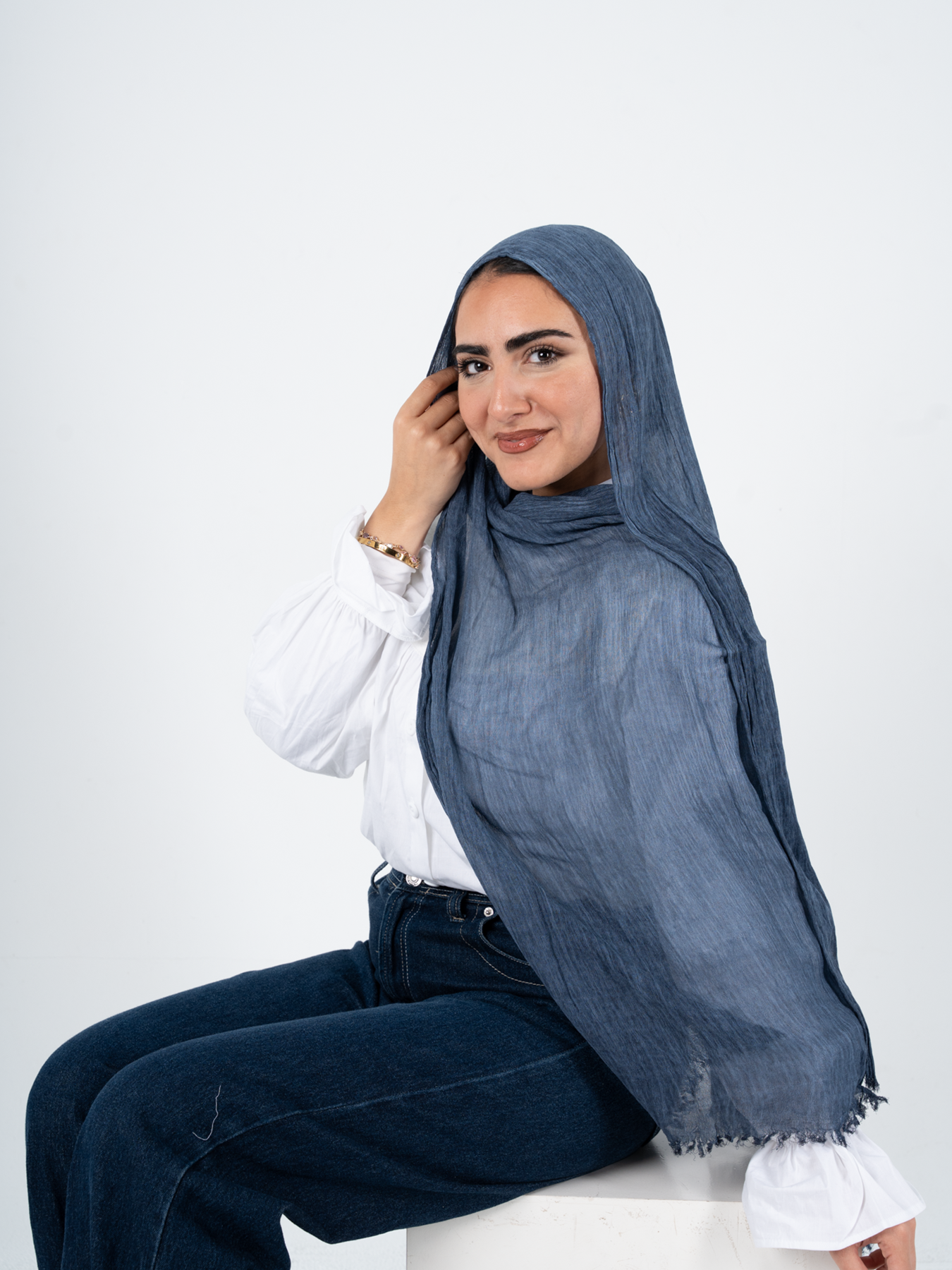 Blue jeans hijab from THT Girl, ready-to-wear modest headscarf with a casual denim look and comfortable fit.