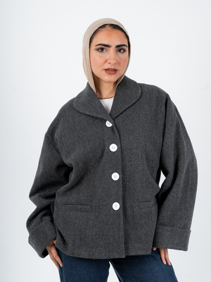 Grey TOKYO Oversized Jacket by THT GIRL, featuring a relaxed fit and stylish design, displayed on a neutral background.