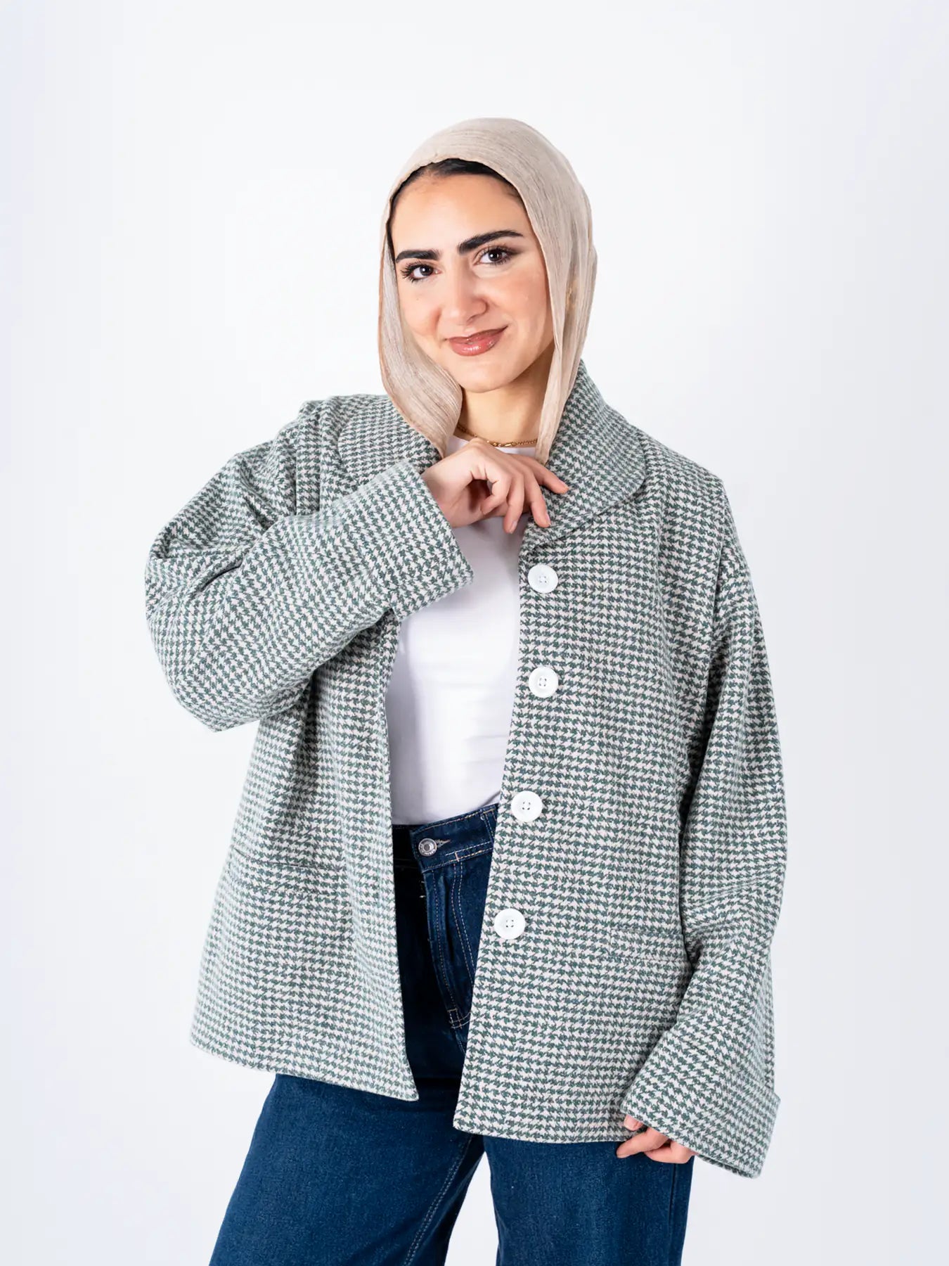 Green TOKYO oversized jacket by THT GIRL, featuring a stylish, relaxed fit with modern fashion details and a comfortable silhouette.