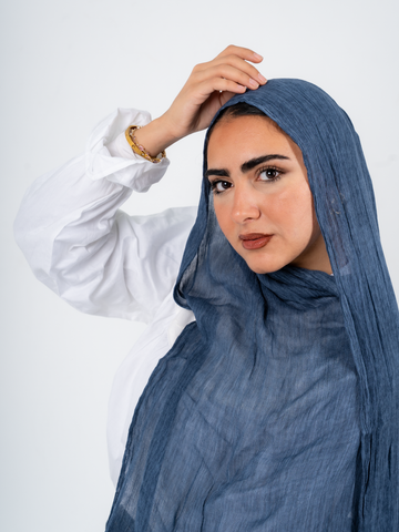 Blue jeans hijab from THT GIRL, ready-to-wear modest headscarf with a casual denim look, displayed on a white background.