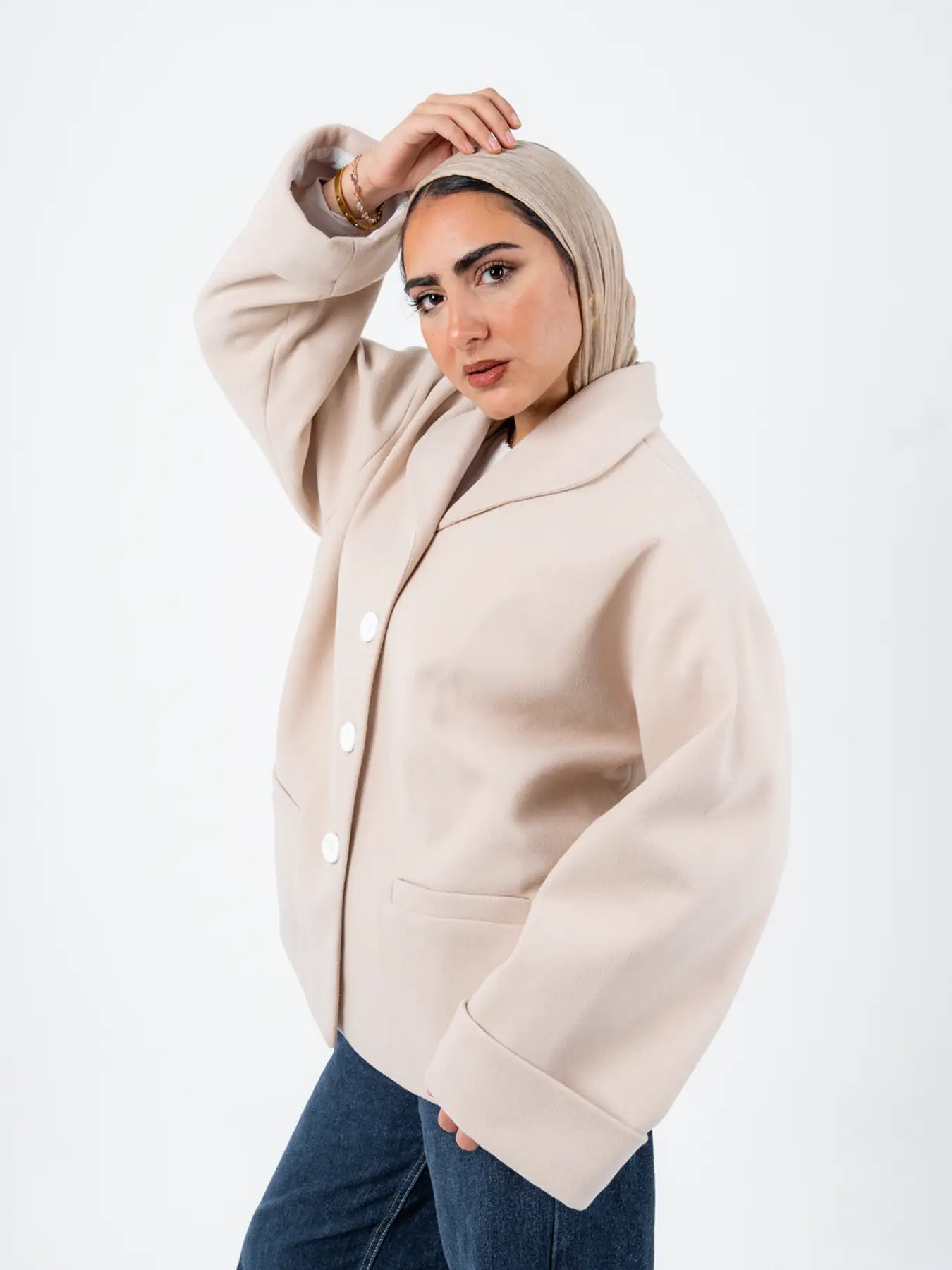 Beige TOKYO Oversized Jacket by THT GIRL showcasing a relaxed fit with wide lapels and casual style.