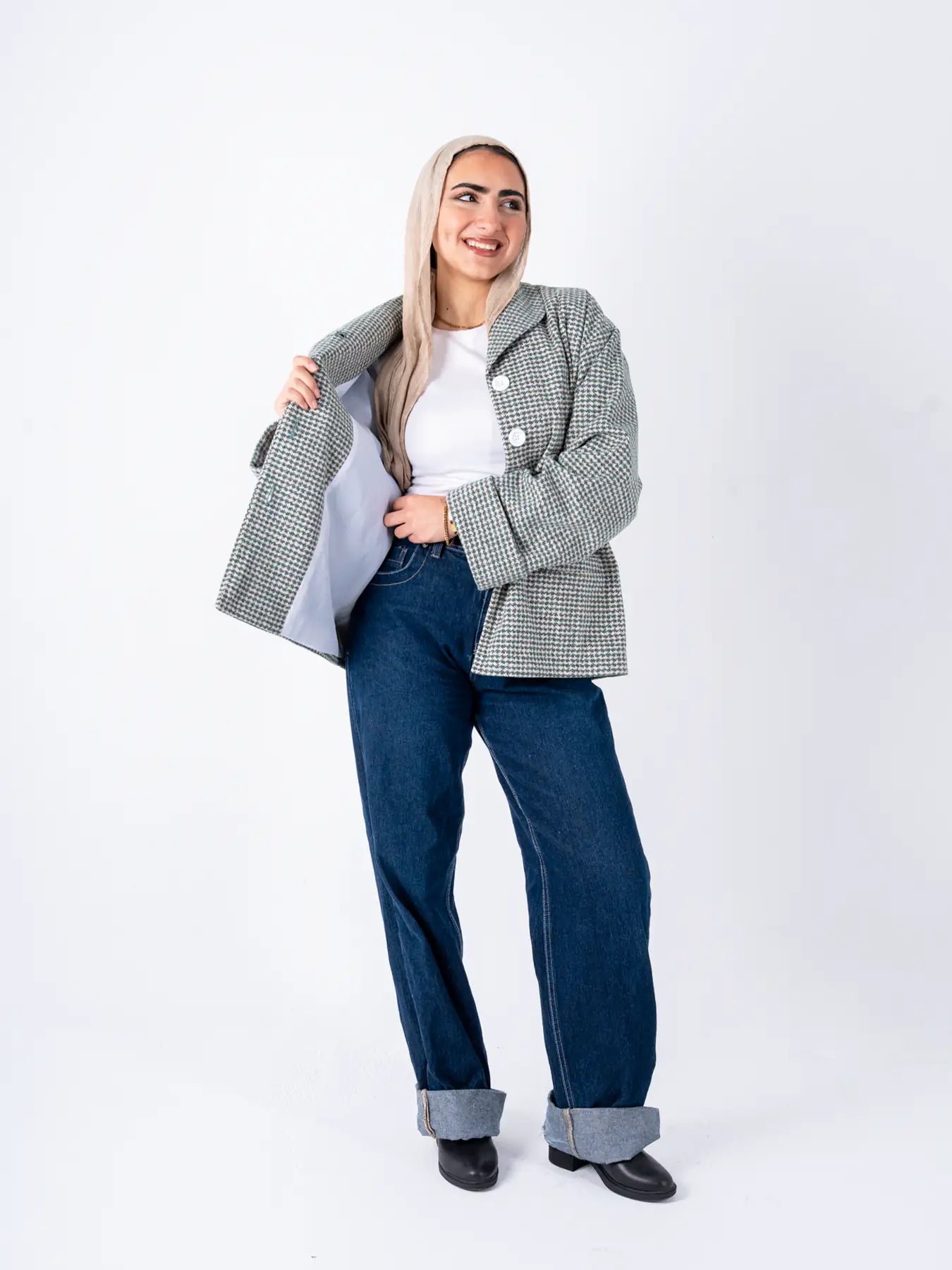 Green TOKYO oversized jacket by THT GIRL featuring a relaxed fit and stylish fashion design, shown on a model.