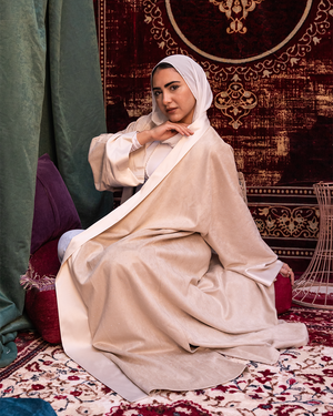 Beige Samaa Kaftan by THT GIRL featuring flowing fabric and elegant design, perfect for stylish fashion wear.