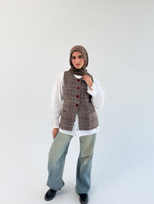 THT GIRL London Vest Burgundy check pattern, sleeveless fashion vest with classic plaid design, front button closure, and collar detail.