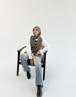 THT GIRL London Vest in olive check fabric, featuring a stylish checkered pattern and tailored fit for a fashionable look.