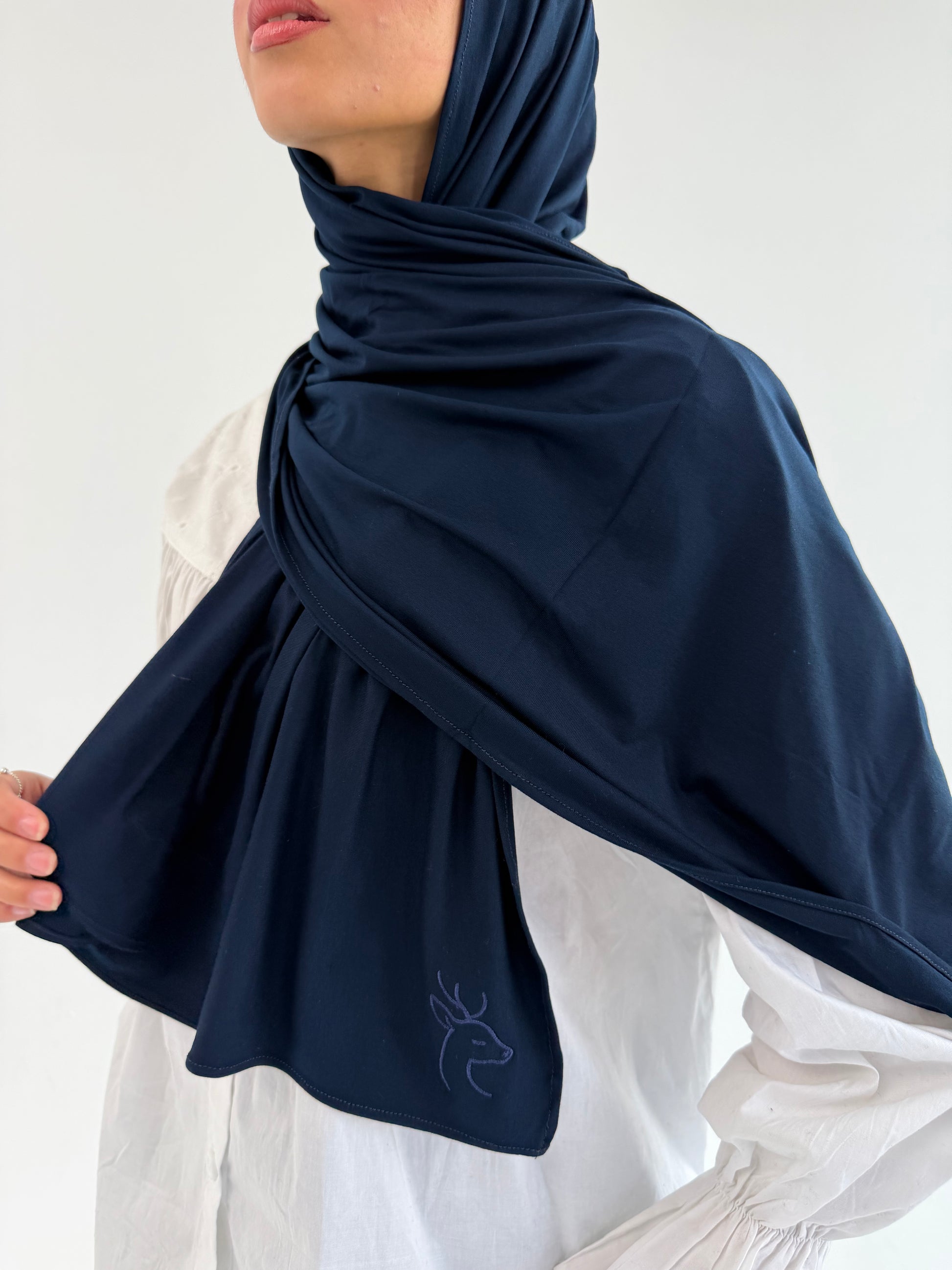 Royal blue mini everyday hijab by THT GIRL, lightweight and comfortable hijab for daily wear, displayed in a natural drape.