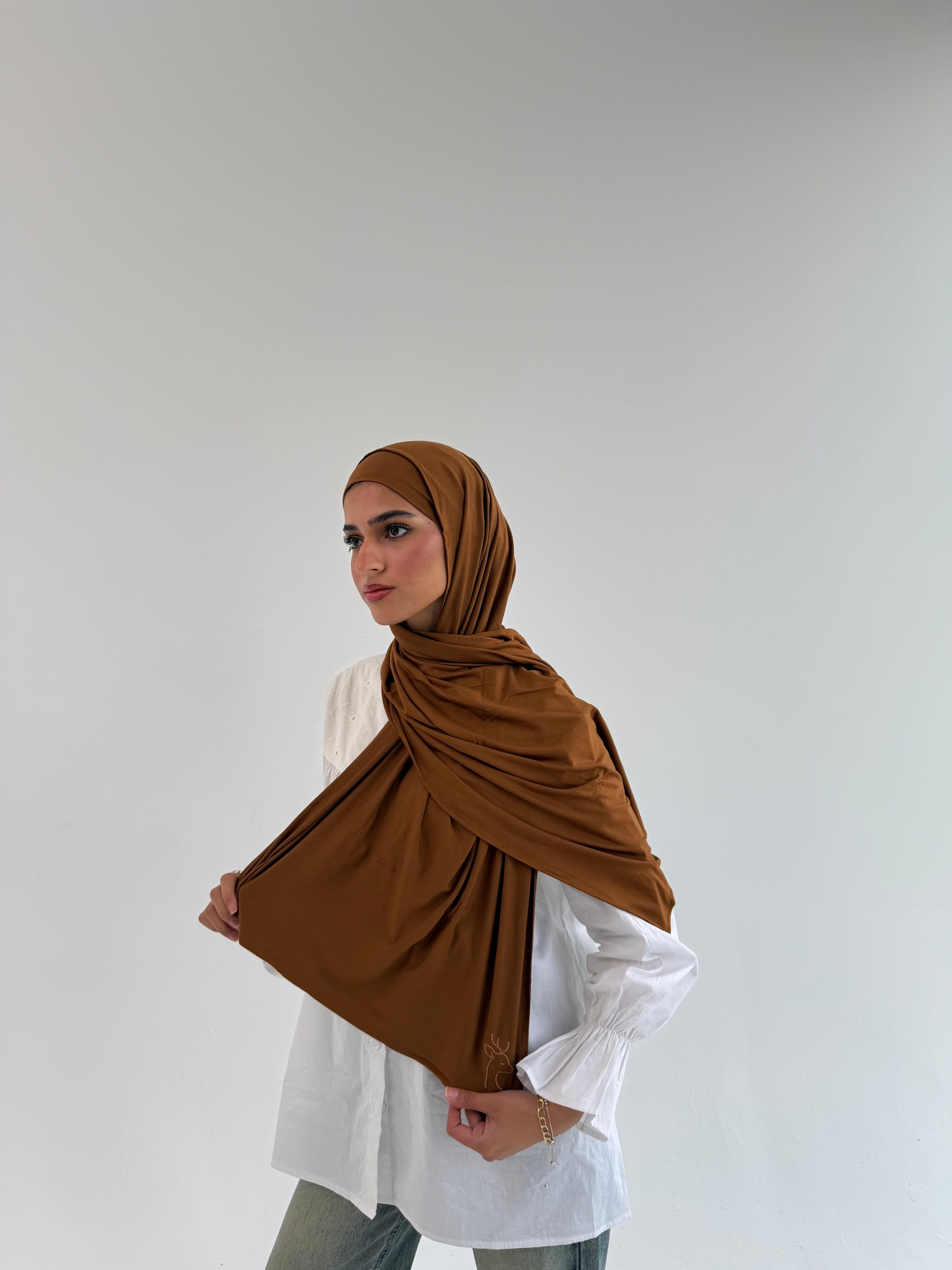 THT GIRL Mini Everyday Hijab in caramel color, lightweight hijab fabric shown draped on a neutral background.