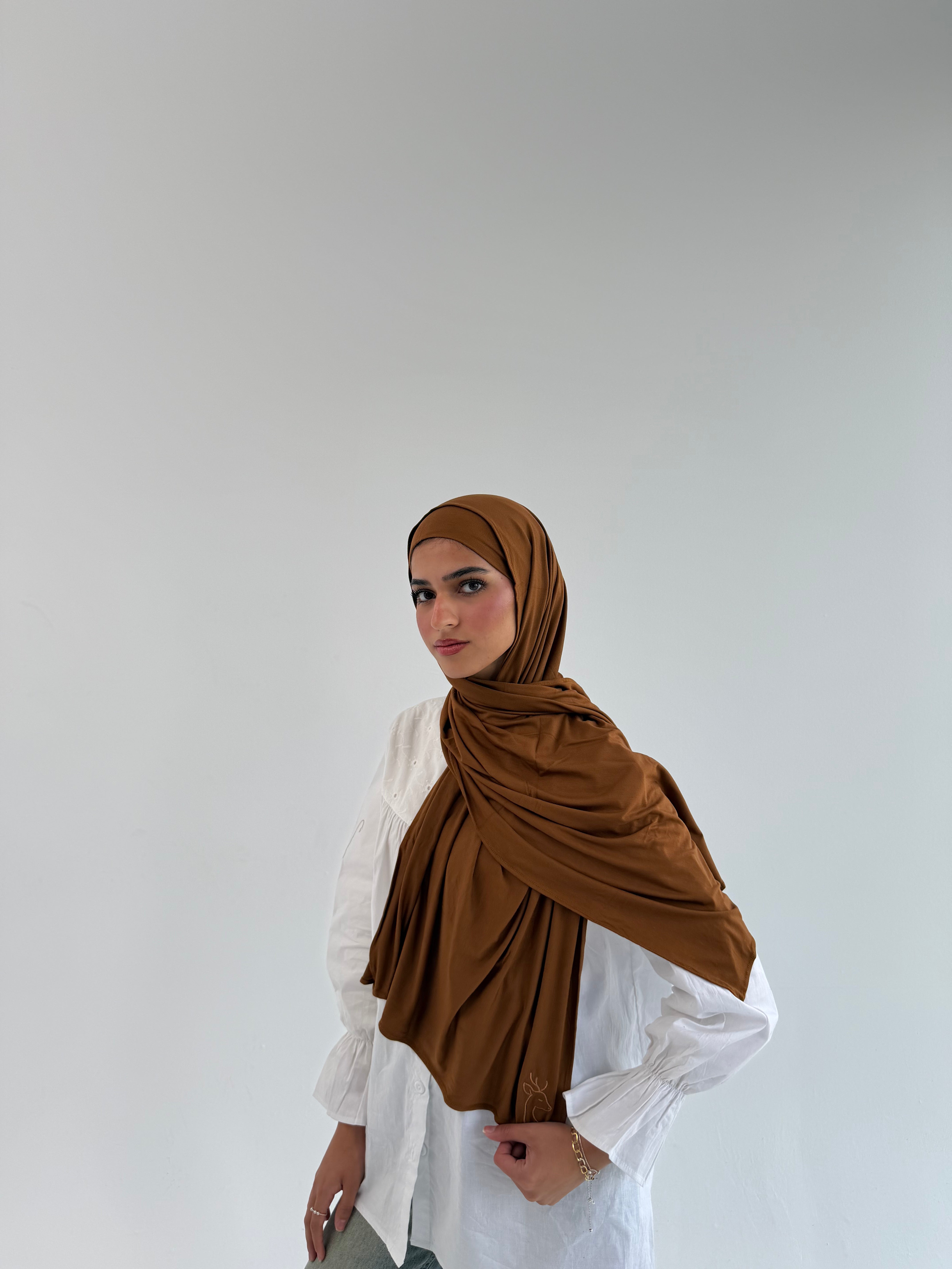 Mini everyday caramel hijab by THT GIRL displayed, showing soft fabric and versatile style suitable for daily wear
