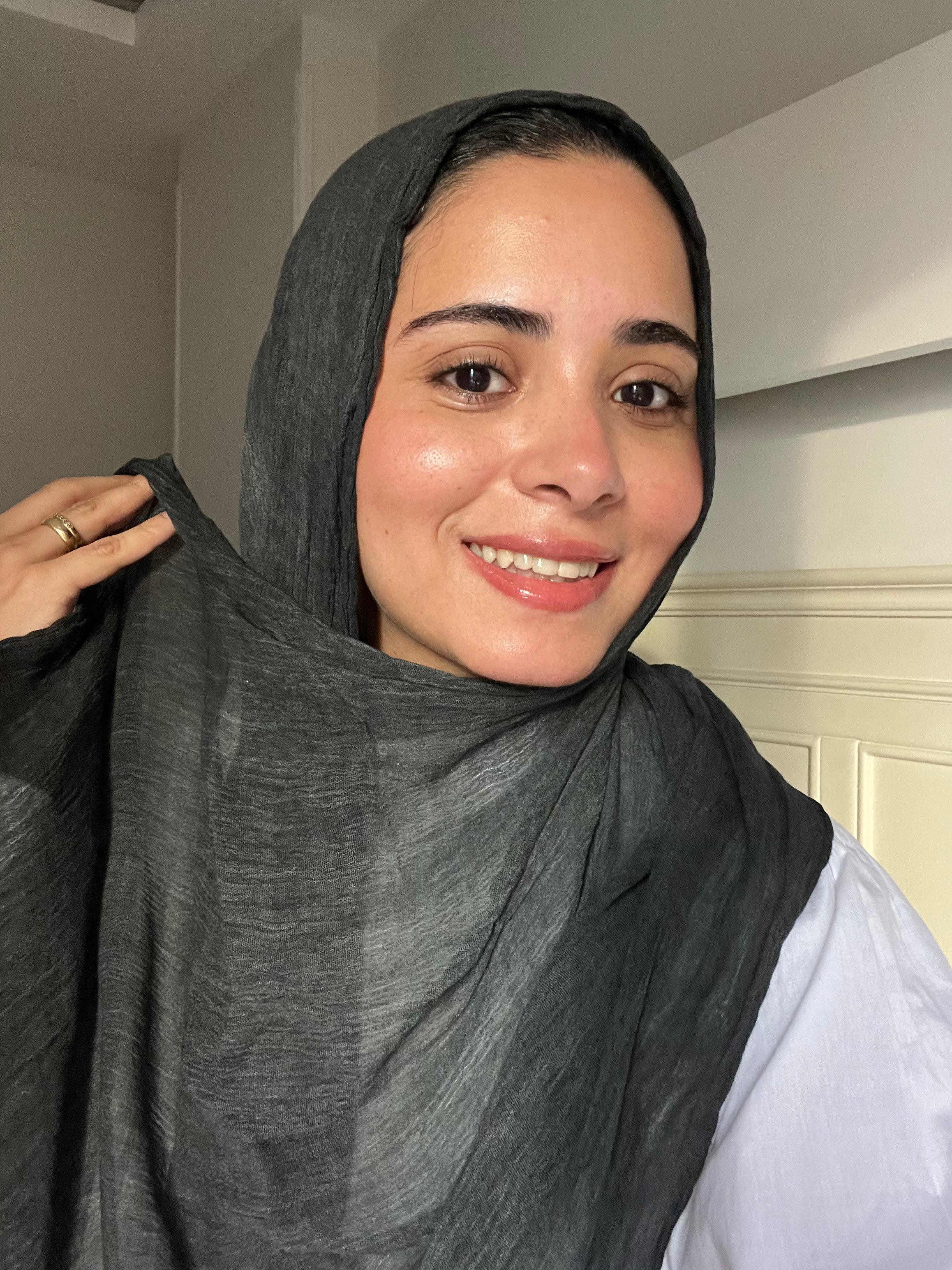 Charcoal gray Ready To Go hijab by THT GIRL, lightweight and stylish Muslim headscarf displayed flat on a white background.