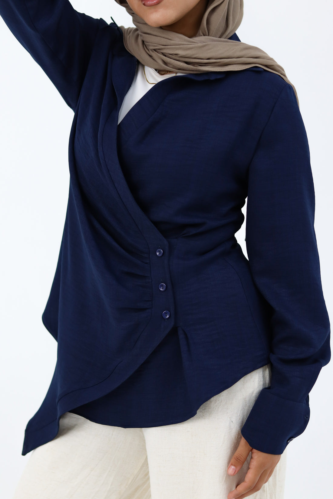 Navy blue deer print shirt by THT GIRL featuring a casual fit and stylish design, displayed on a hanger.