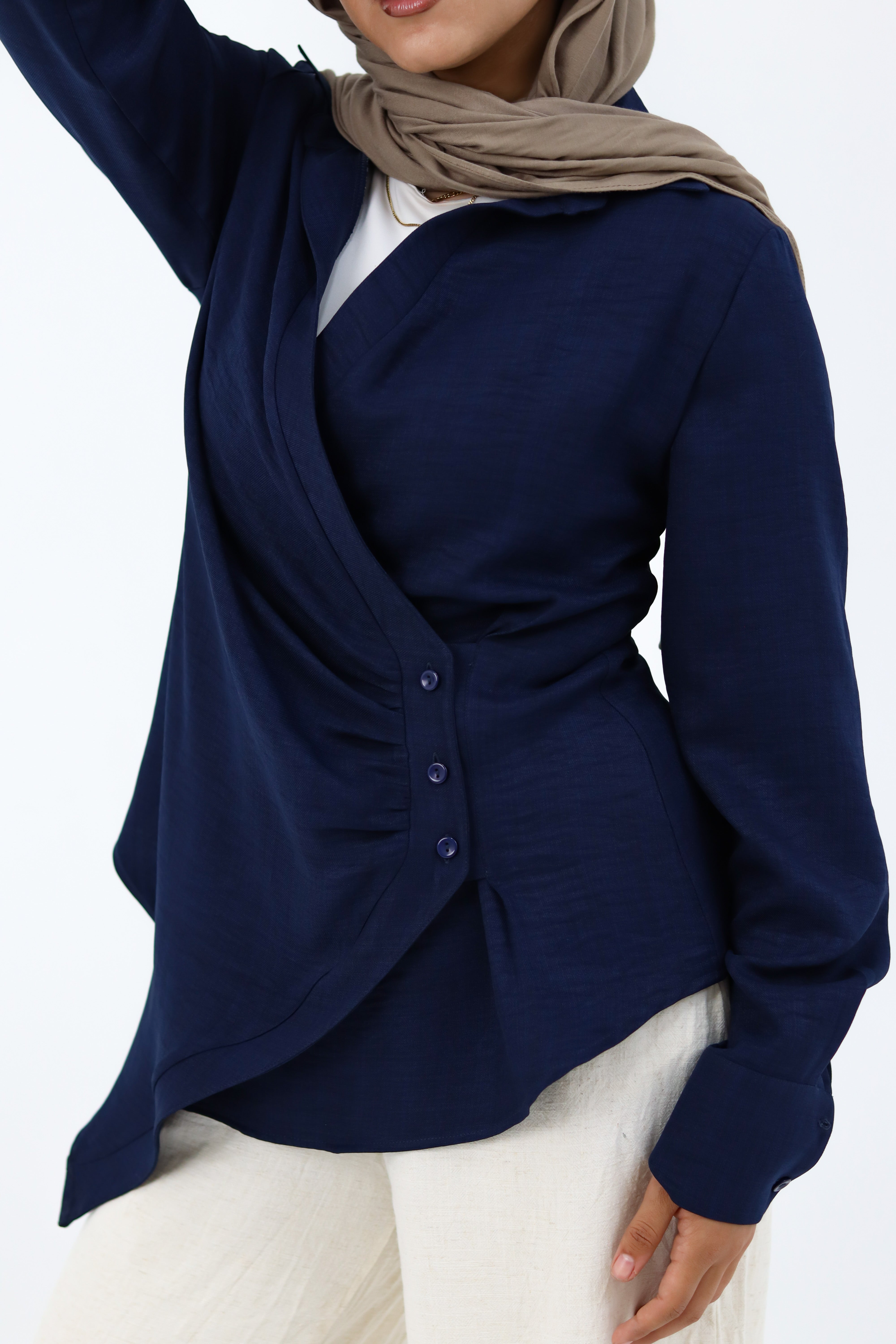 Navy blue deer shirt by THT GIRL featuring a stylish deer graphic on a casual shirt, displayed on a hanger.