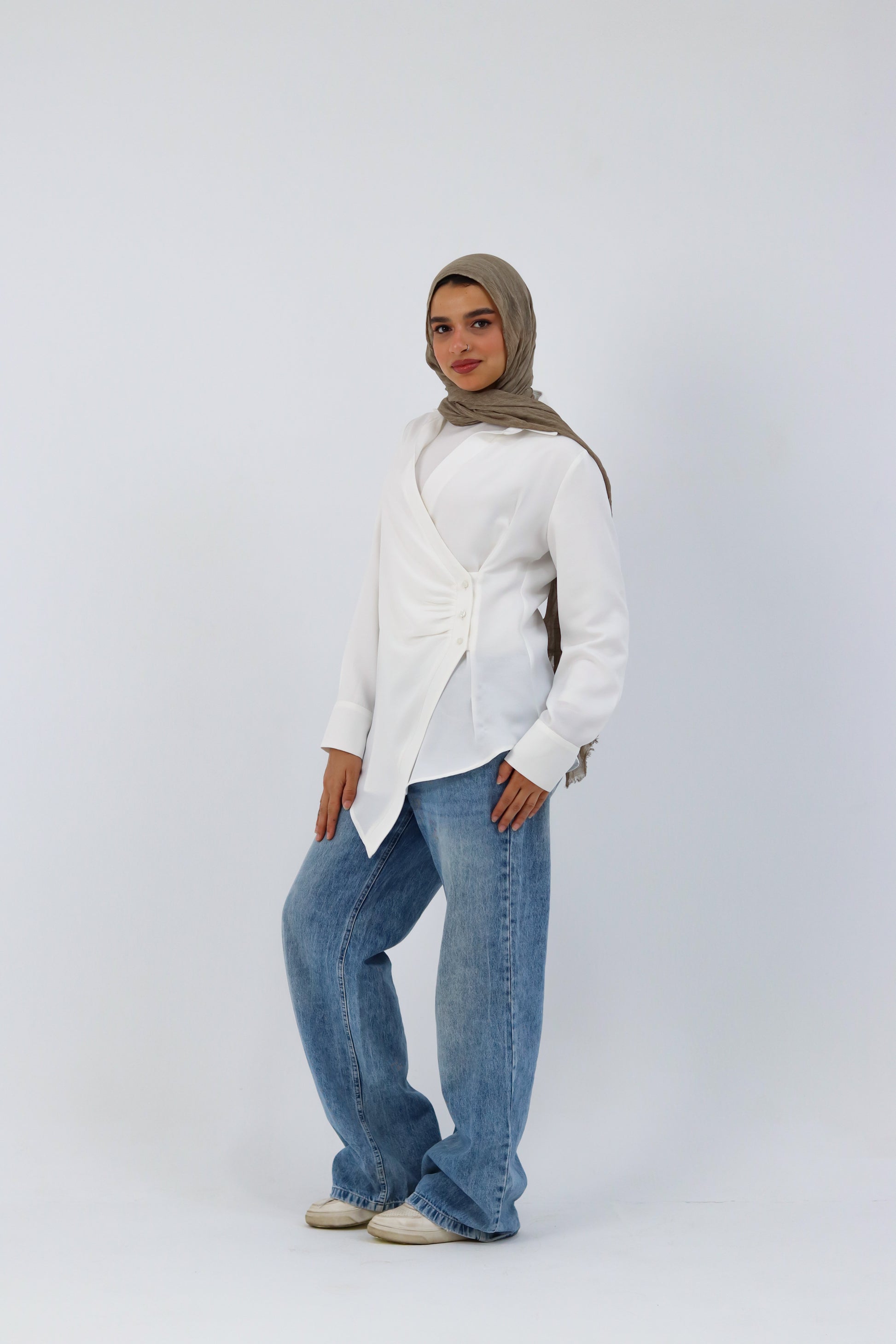 White deer print shirt by THT GIRL featuring a casual, stylish design with a relaxed fit and button front.