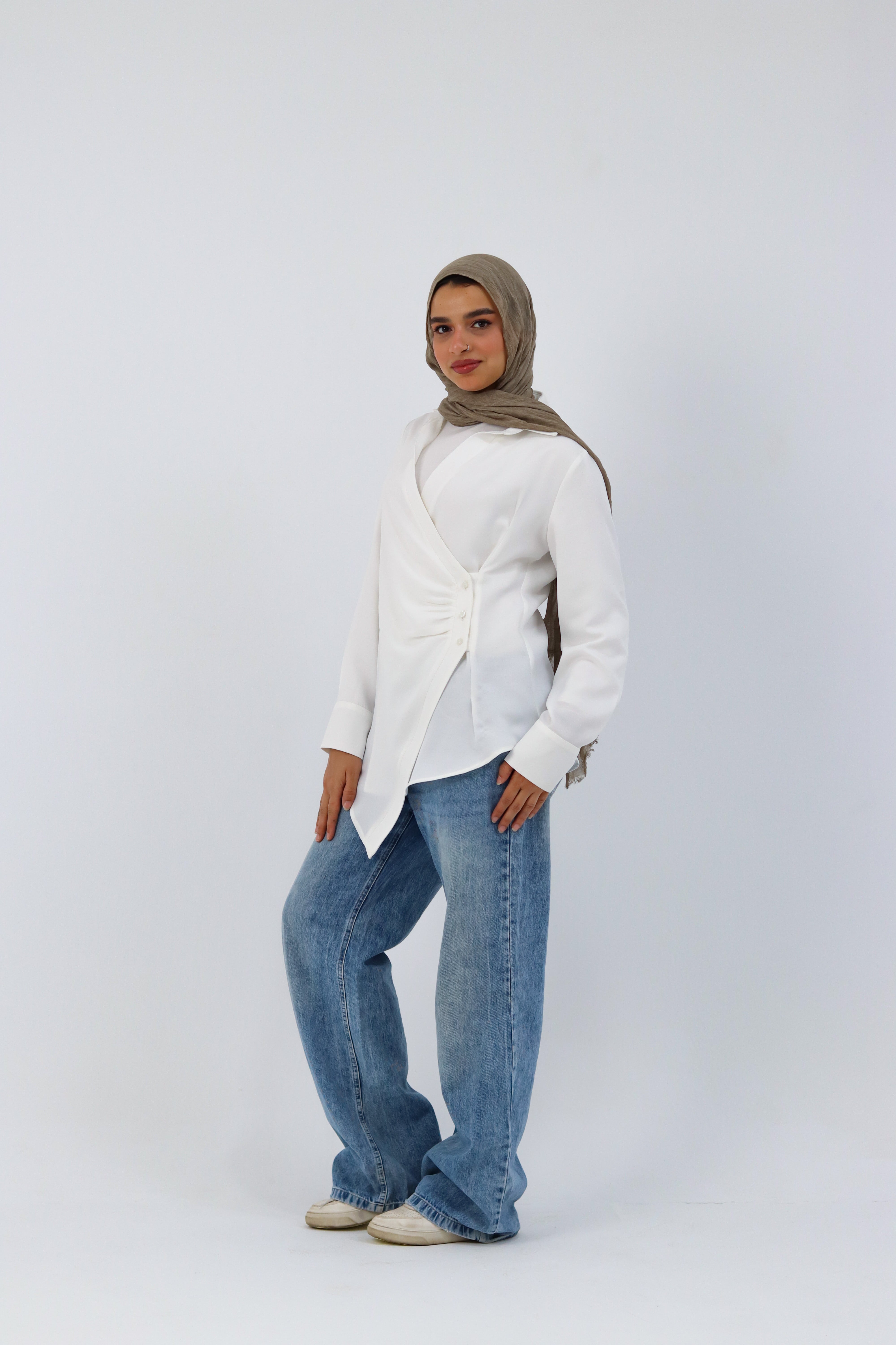 White deer print shirt by THT GIRL featuring a casual, stylish design with a relaxed fit and button front.