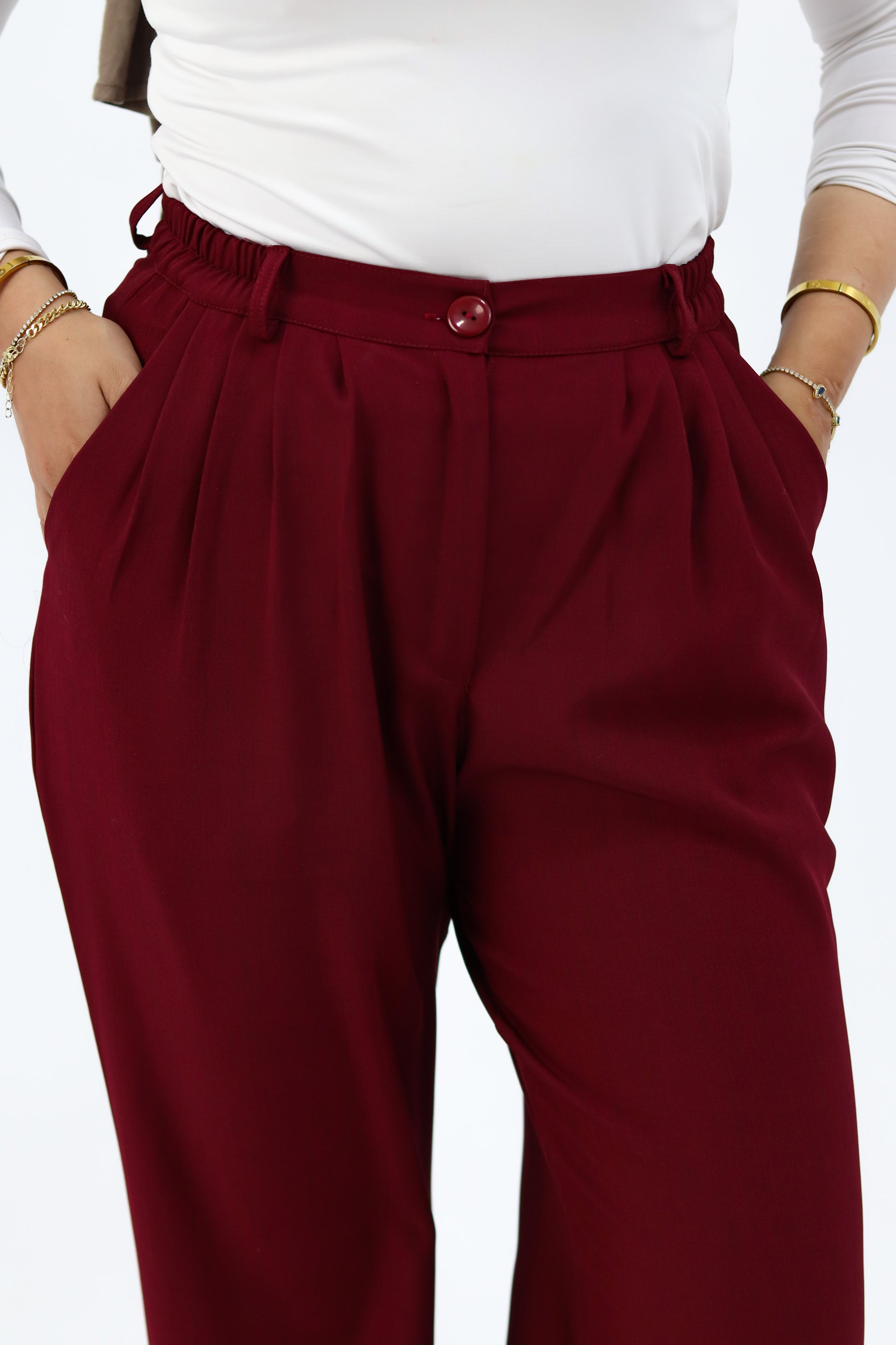THT GIRL burgundy loose pants with relaxed fit and elastic waistband, casual style for everyday wear.