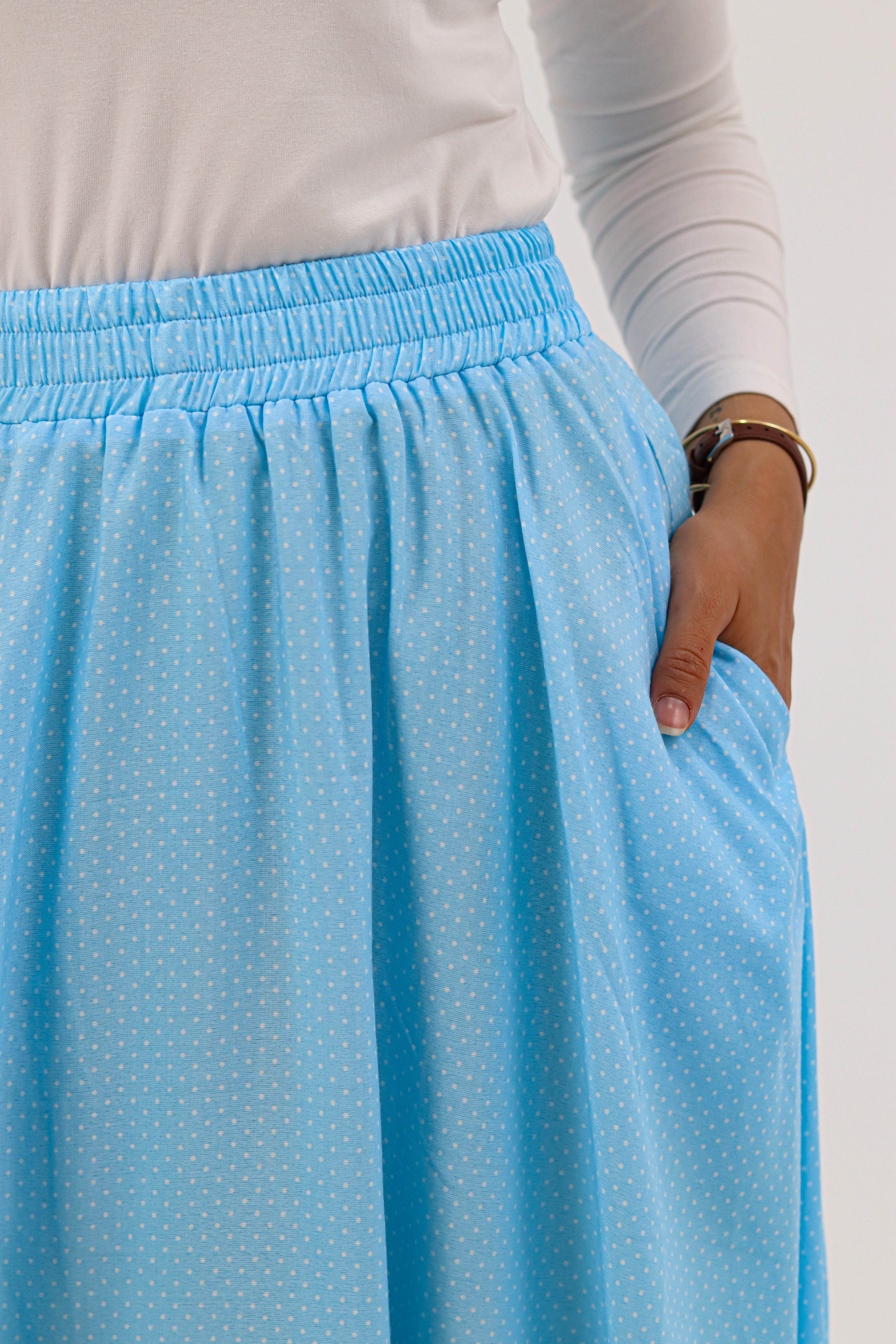 THT GIRL Riviera baby blue blouse with ruffled details, displayed on a hanger against a plain background.