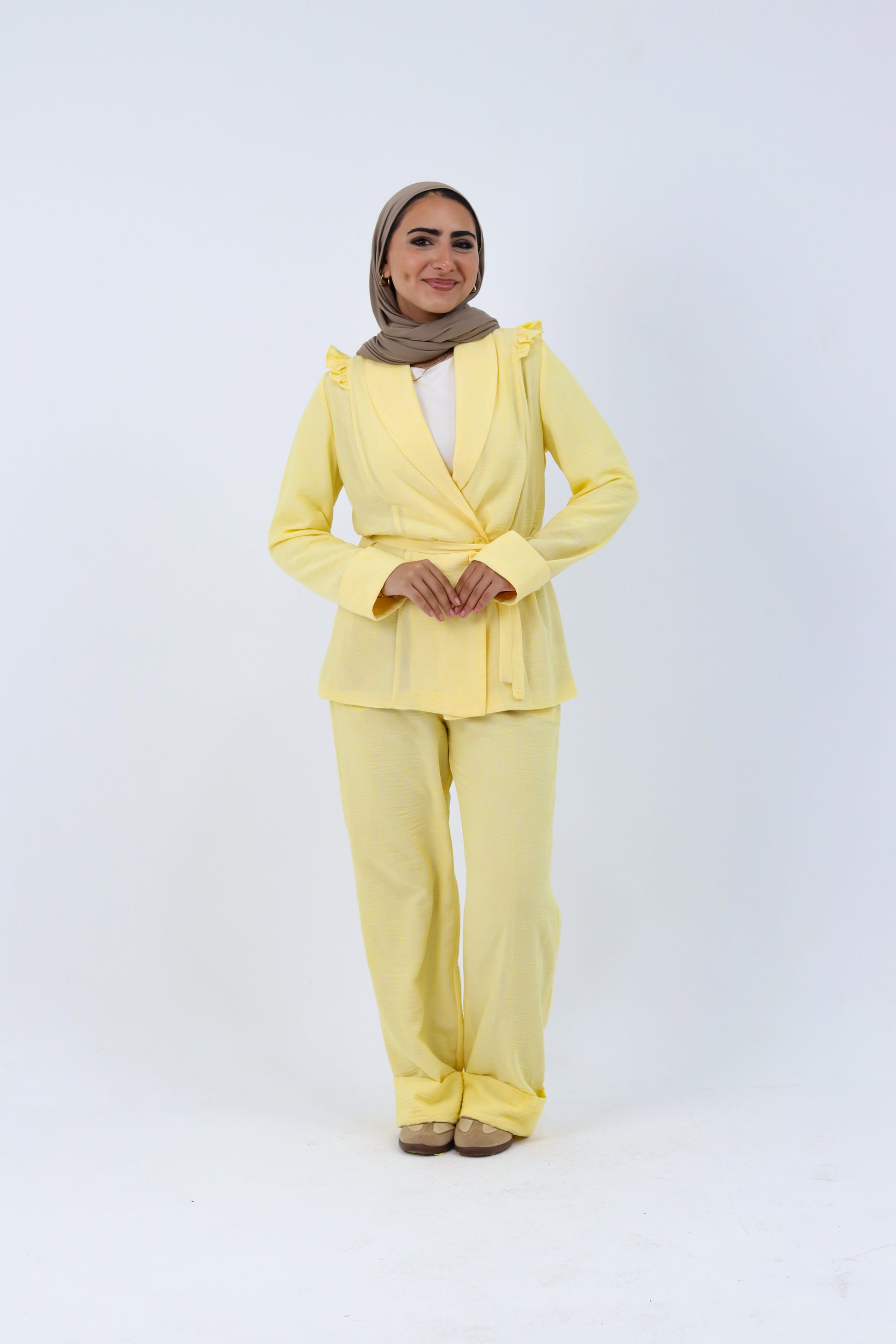 Yellow Roe Suit by THT GIRL, stylish fashion jumpsuit, with a fitted design and vibrant yellow color, displayed on a model.