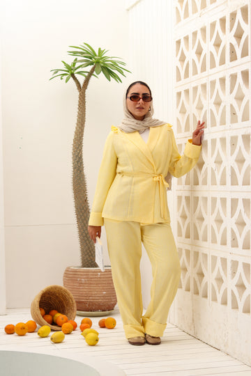 Yellow Roe Suit by THT Girl, stylish fashion jumpsuit with a modern design, shown on a model in a natural pose.