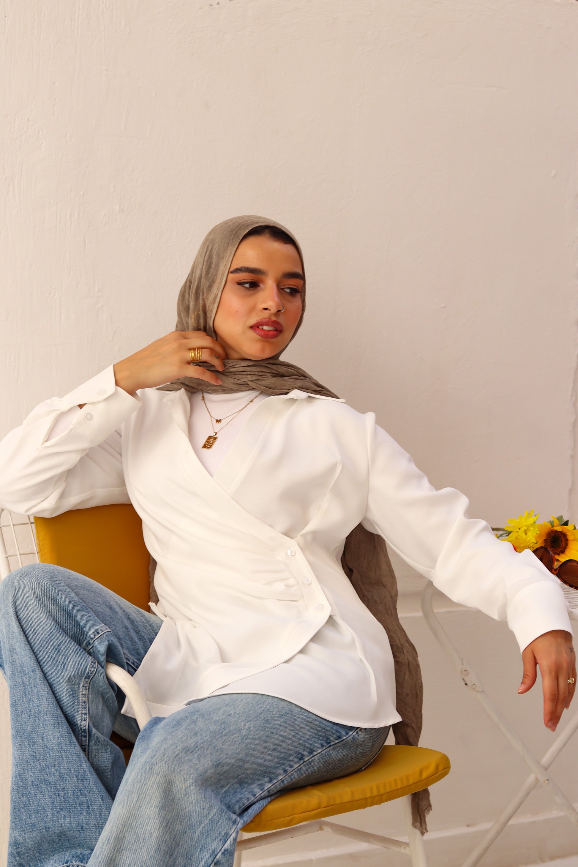 White deer print shirt by THT GIRL, featuring a casual fit and soft fabric, displayed on a hanger.