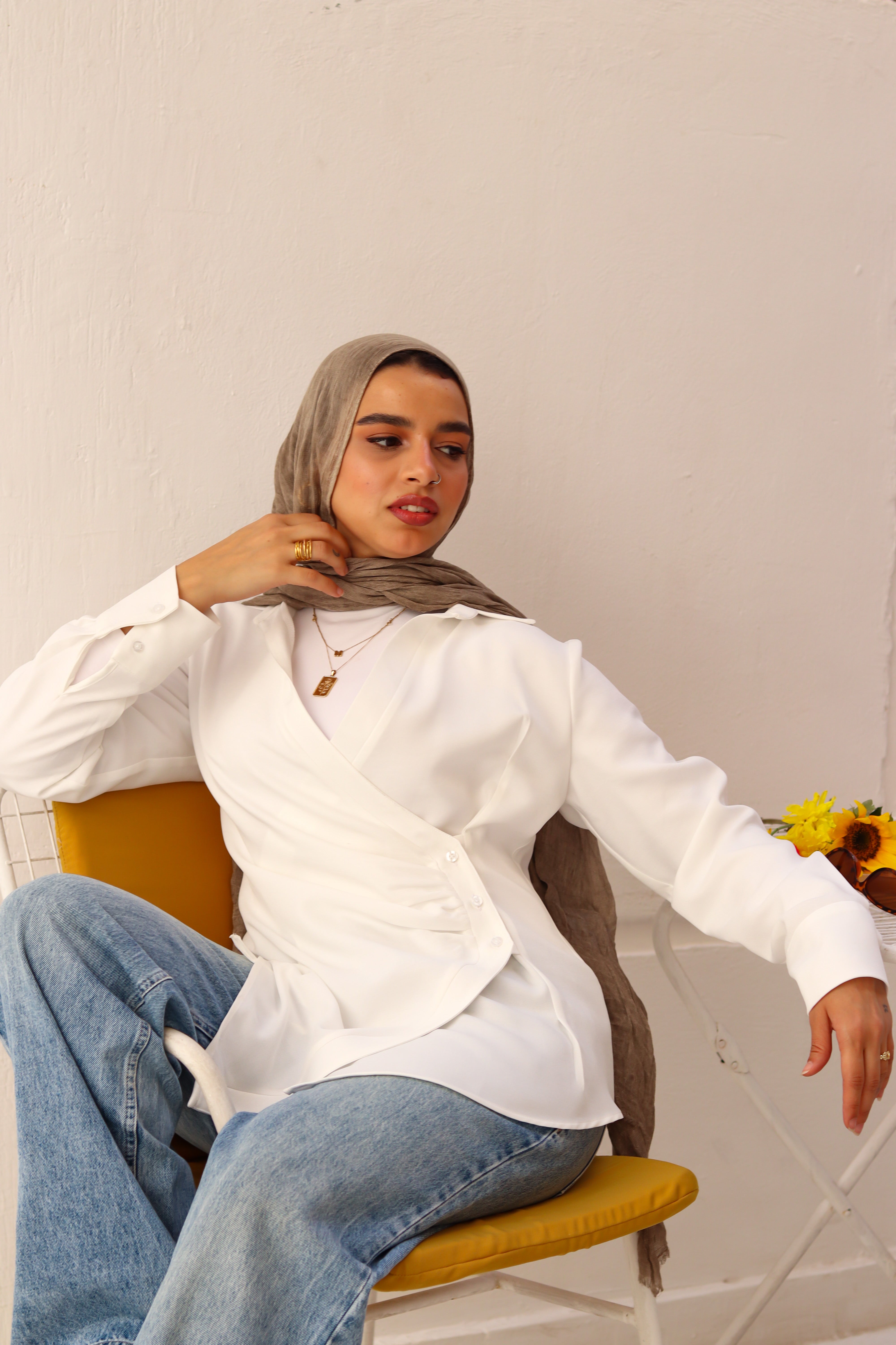 White deer print shirt by THT GIRL, featuring a casual fit and soft fabric, displayed on a hanger.