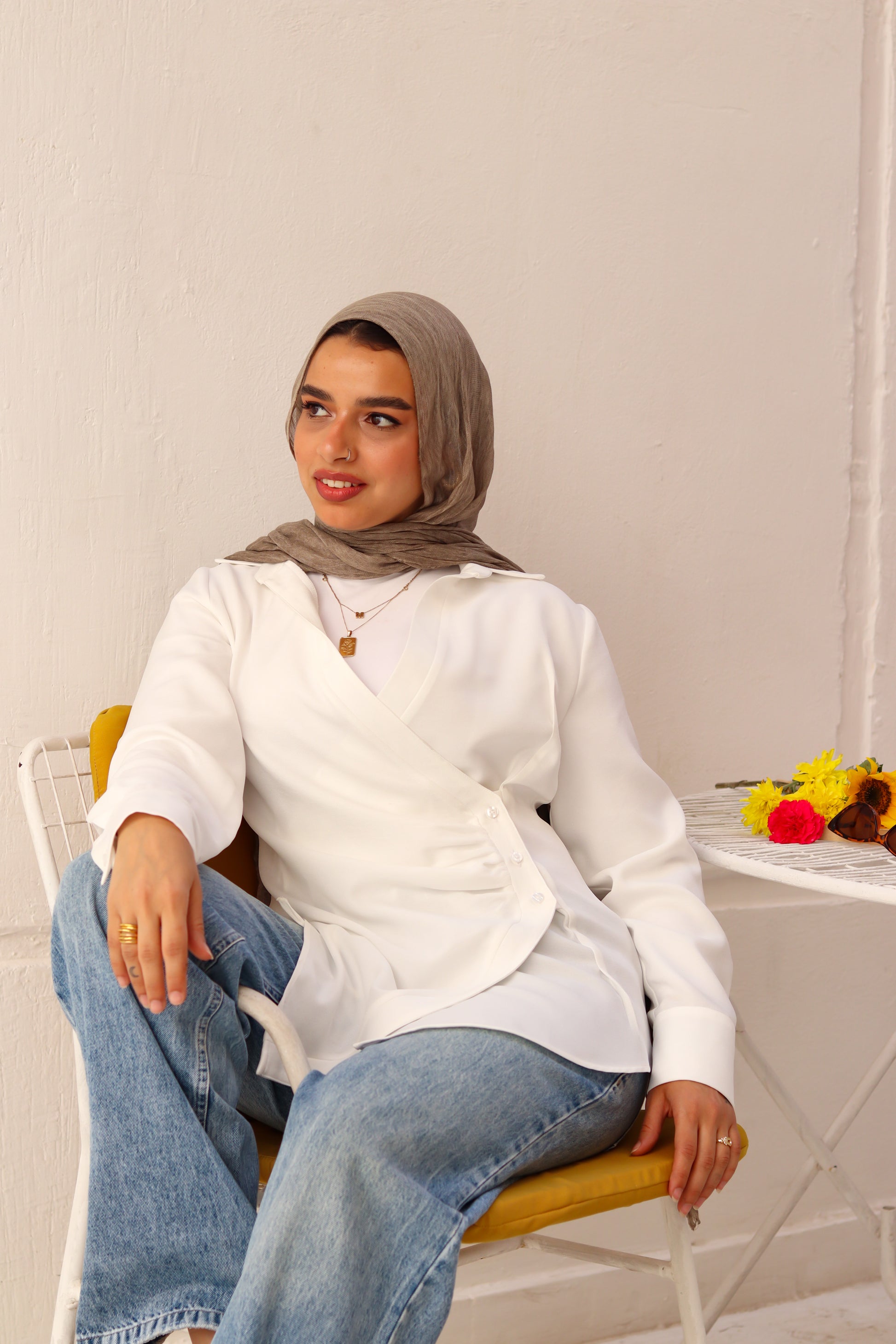 White deer print shirt by THT GIRL featuring a casual fit and classic collar, displayed on a hanger.
