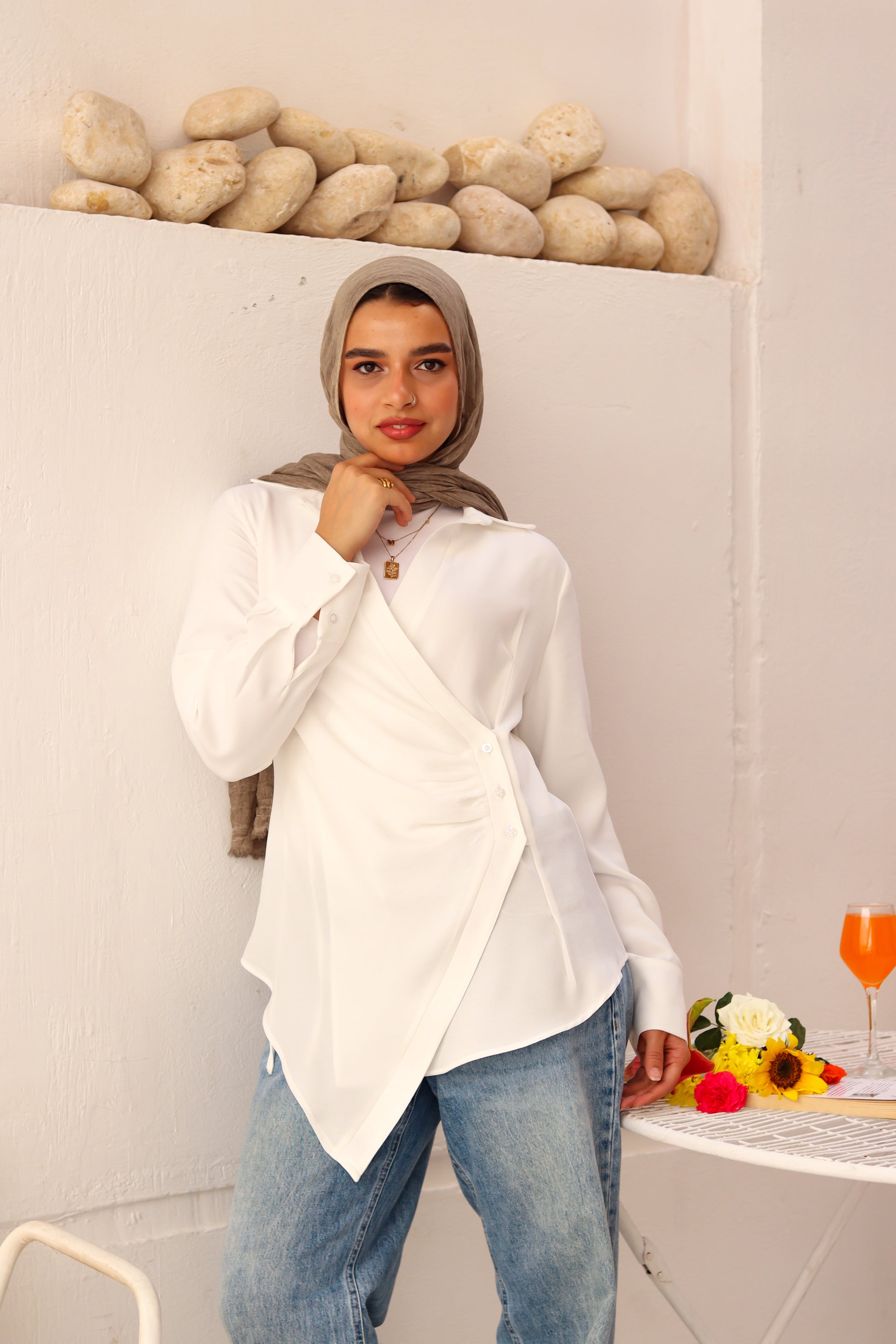 White Deer Shirt by THT GIRL featuring a stylish deer print, long sleeves, and a casual fit.