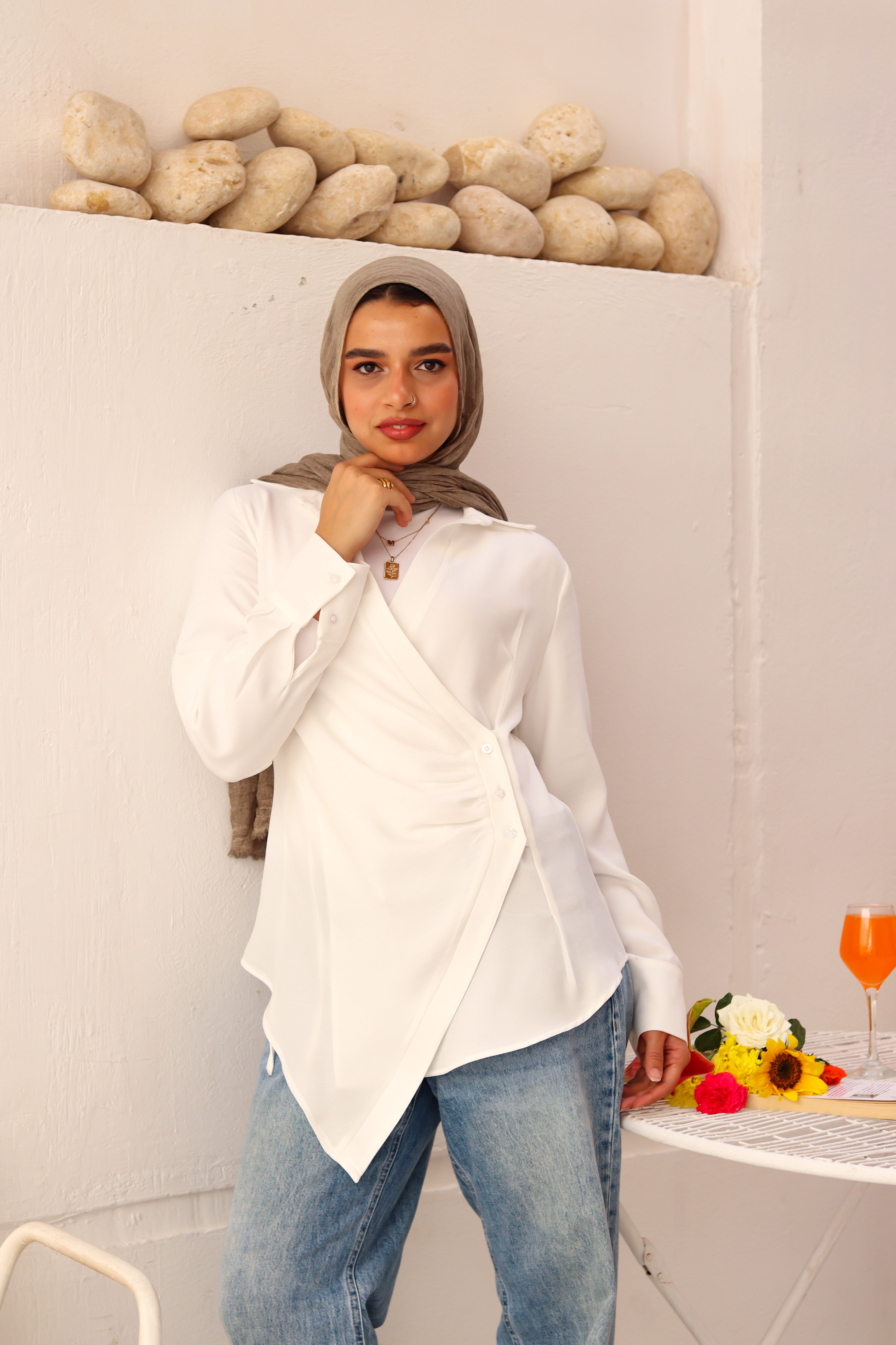 White Deer Shirt by THT GIRL featuring a stylish deer print, long sleeves, and a casual fit.