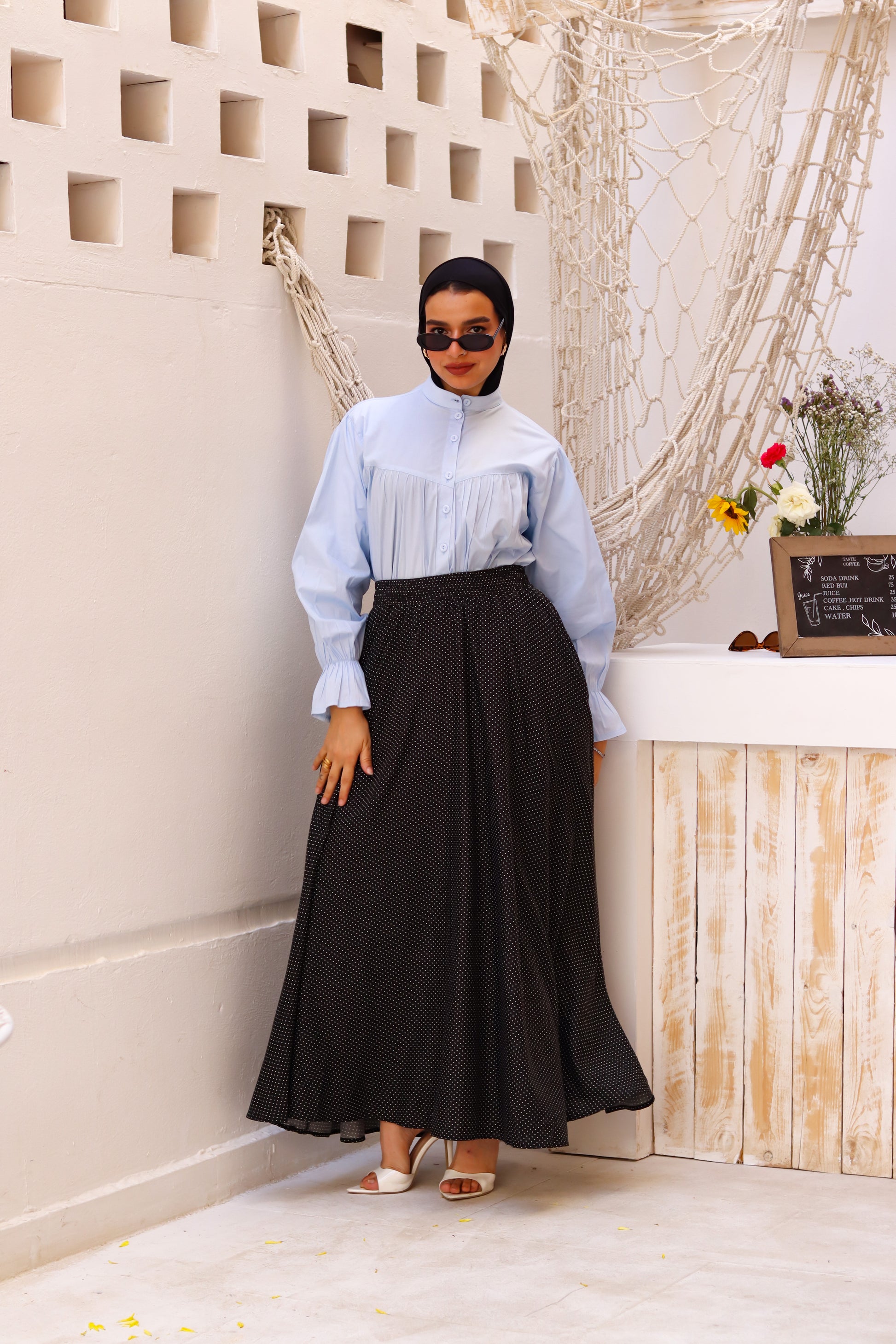 Baby blue THT GIRL Lady Blouse featuring a stylish, lightweight design with long sleeves and a relaxed fit.