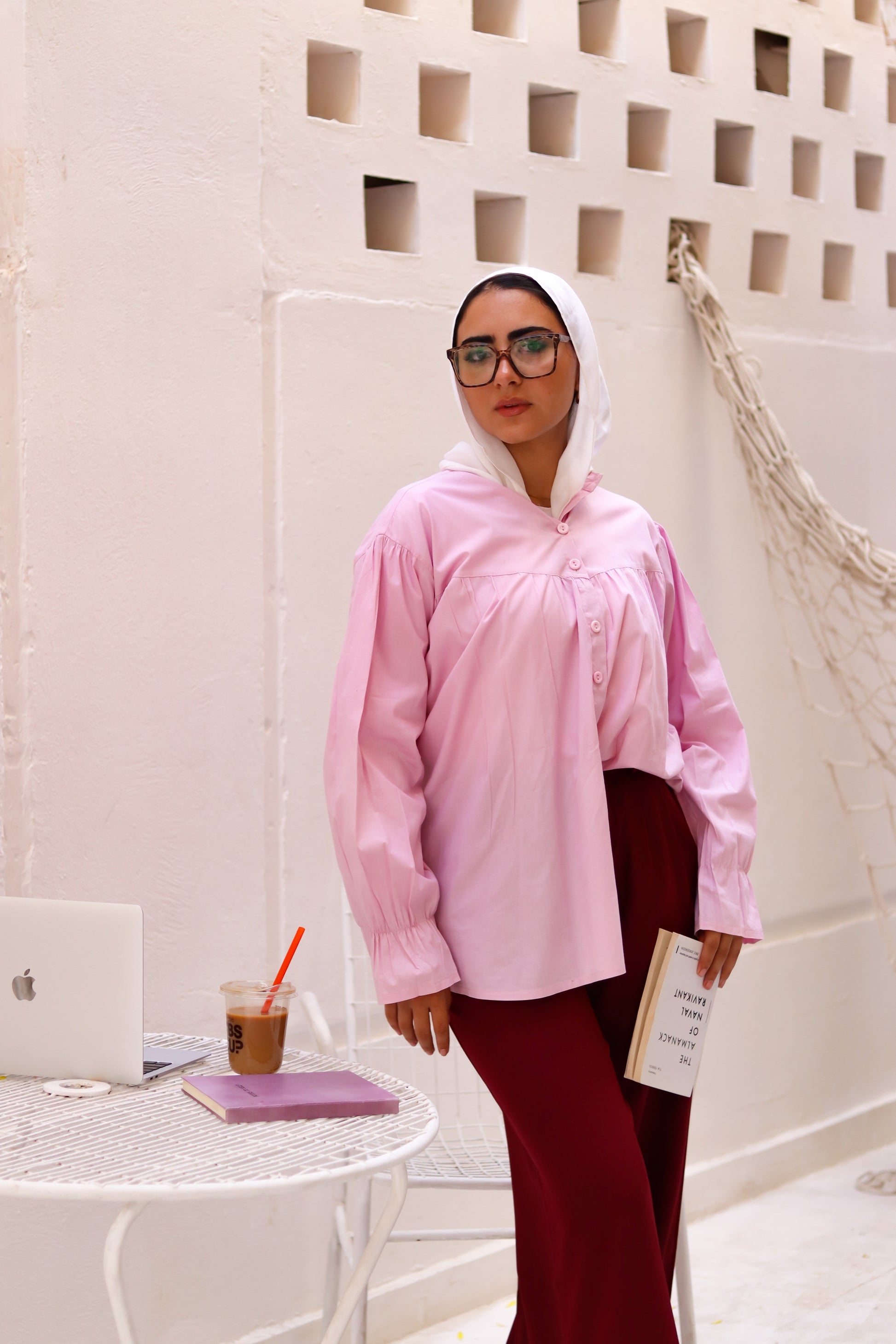 Baby pink THT GIRL Lady Blouse displayed on a mannequin, featuring a stylish, lightweight design with long sleeves and a round neckline.
