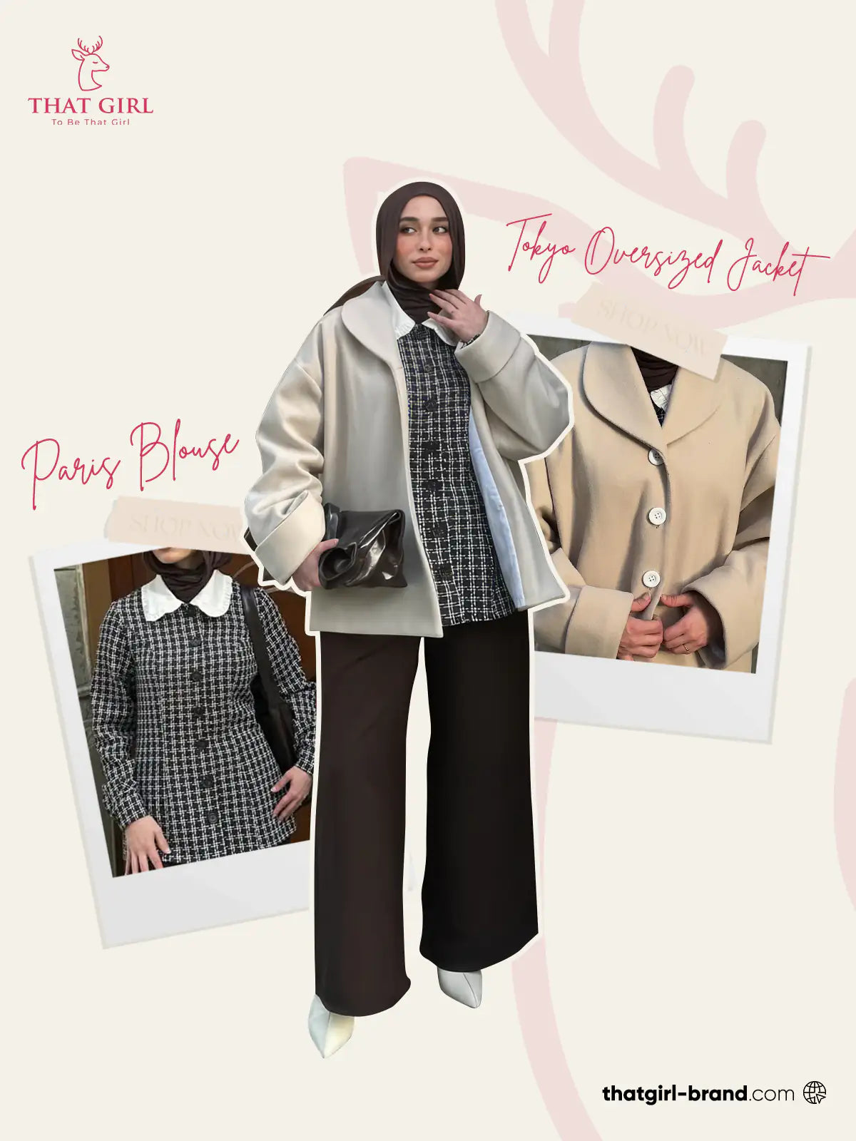 Beige TOKYO oversized jacket by THT GIRL displayed on a model, showcasing its relaxed fit and stylish design.