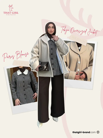 Beige TOKYO oversized jacket by THT GIRL displayed on a model, showcasing its relaxed fit and stylish design.